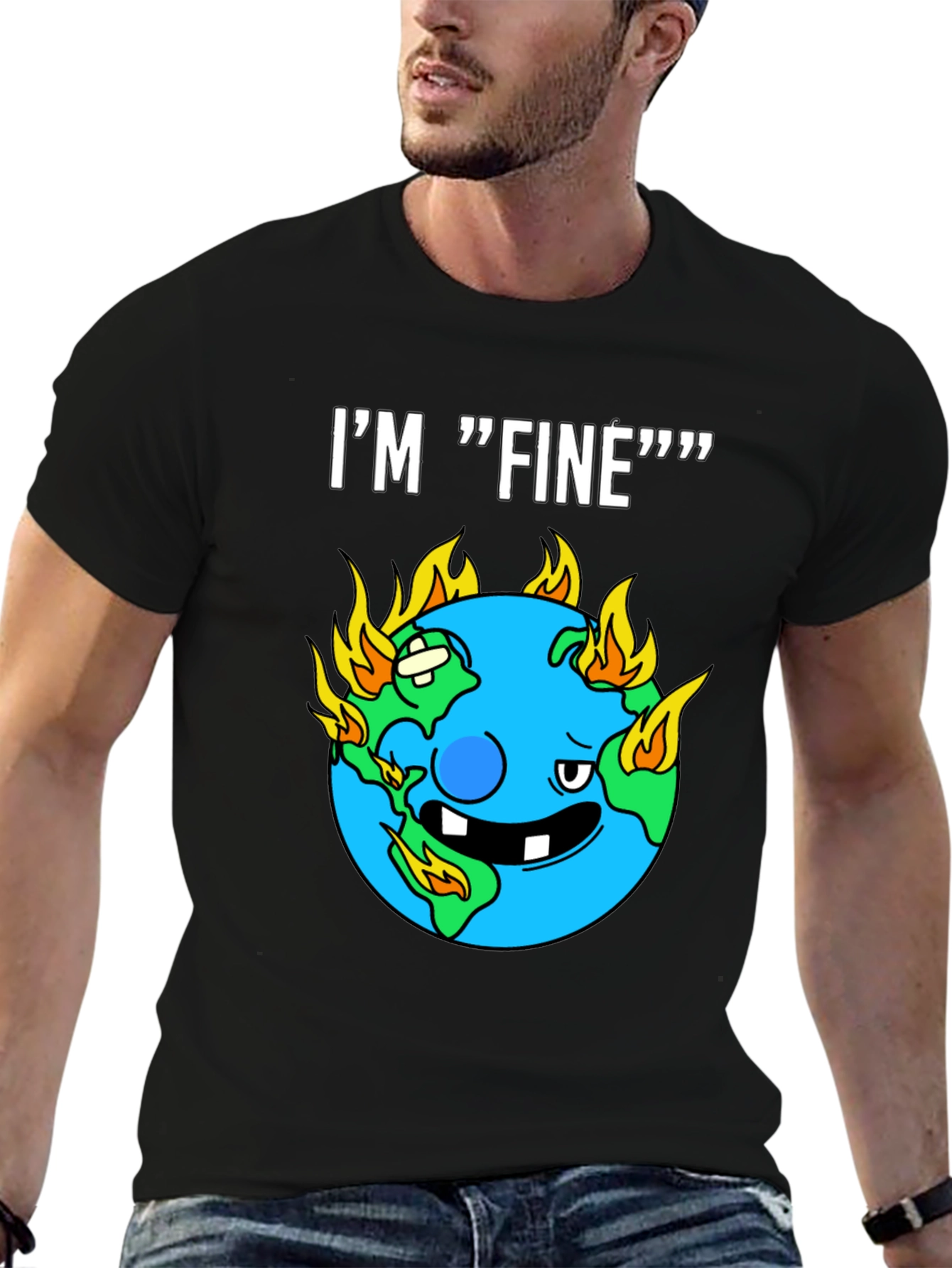 Im Fine Funny Earth On Fire Graphic Black T-Shirt