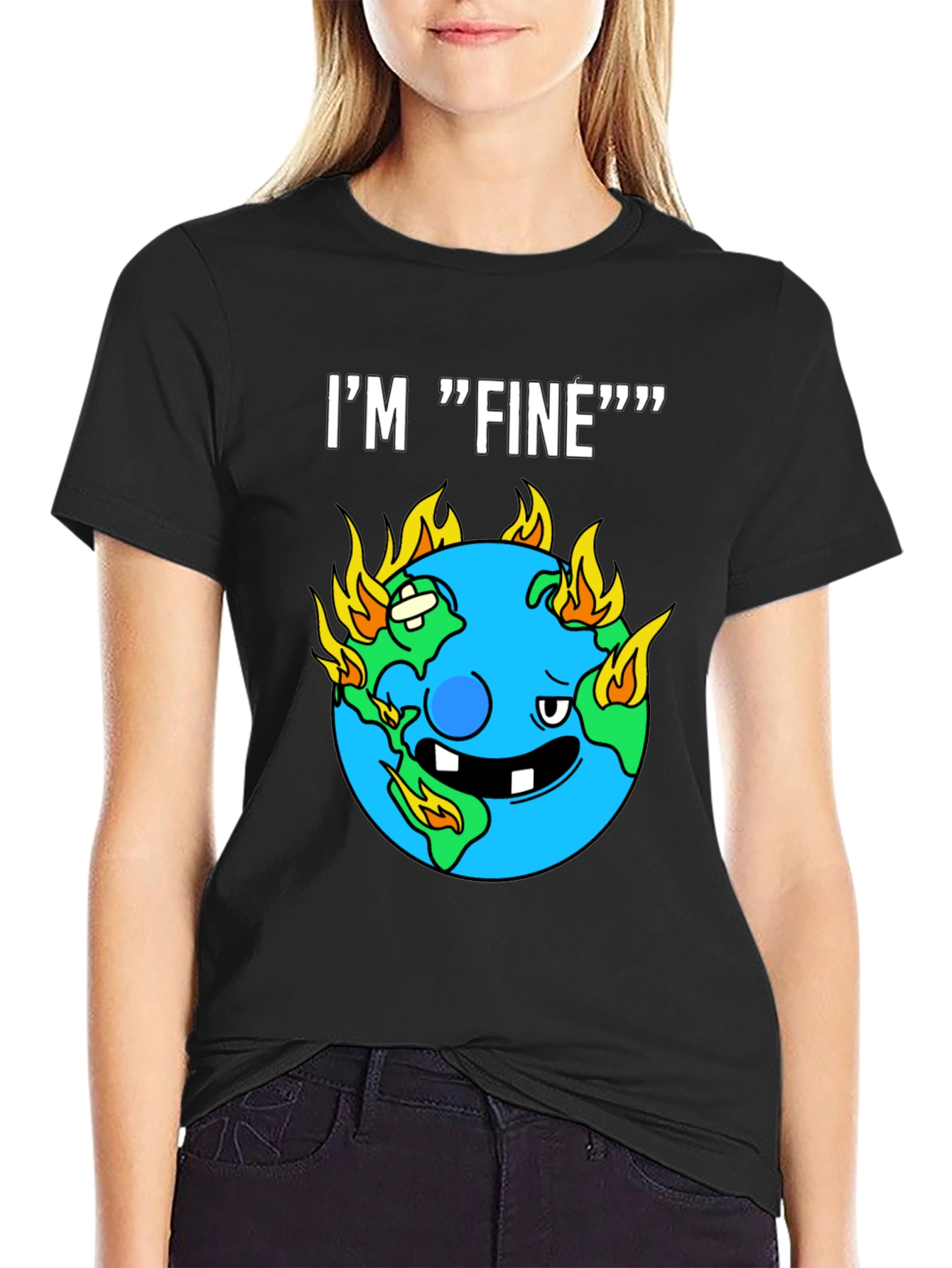 Im Fine Funny Earth On Fire Graphic Black T-Shirt