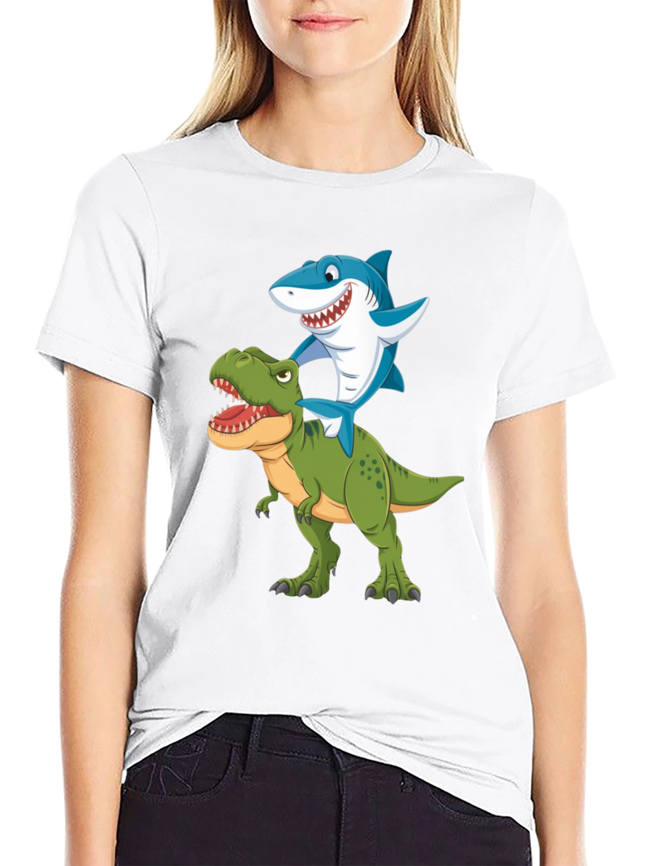 Shark Riding Dinosaur Graphic T-Shirt