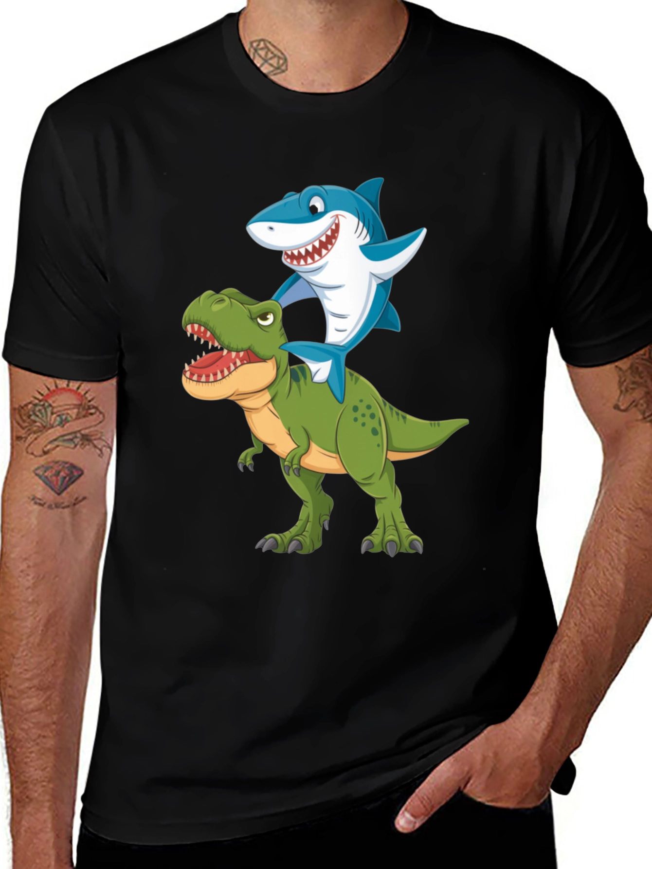 Shark Riding Dinosaur Graphic T-Shirt