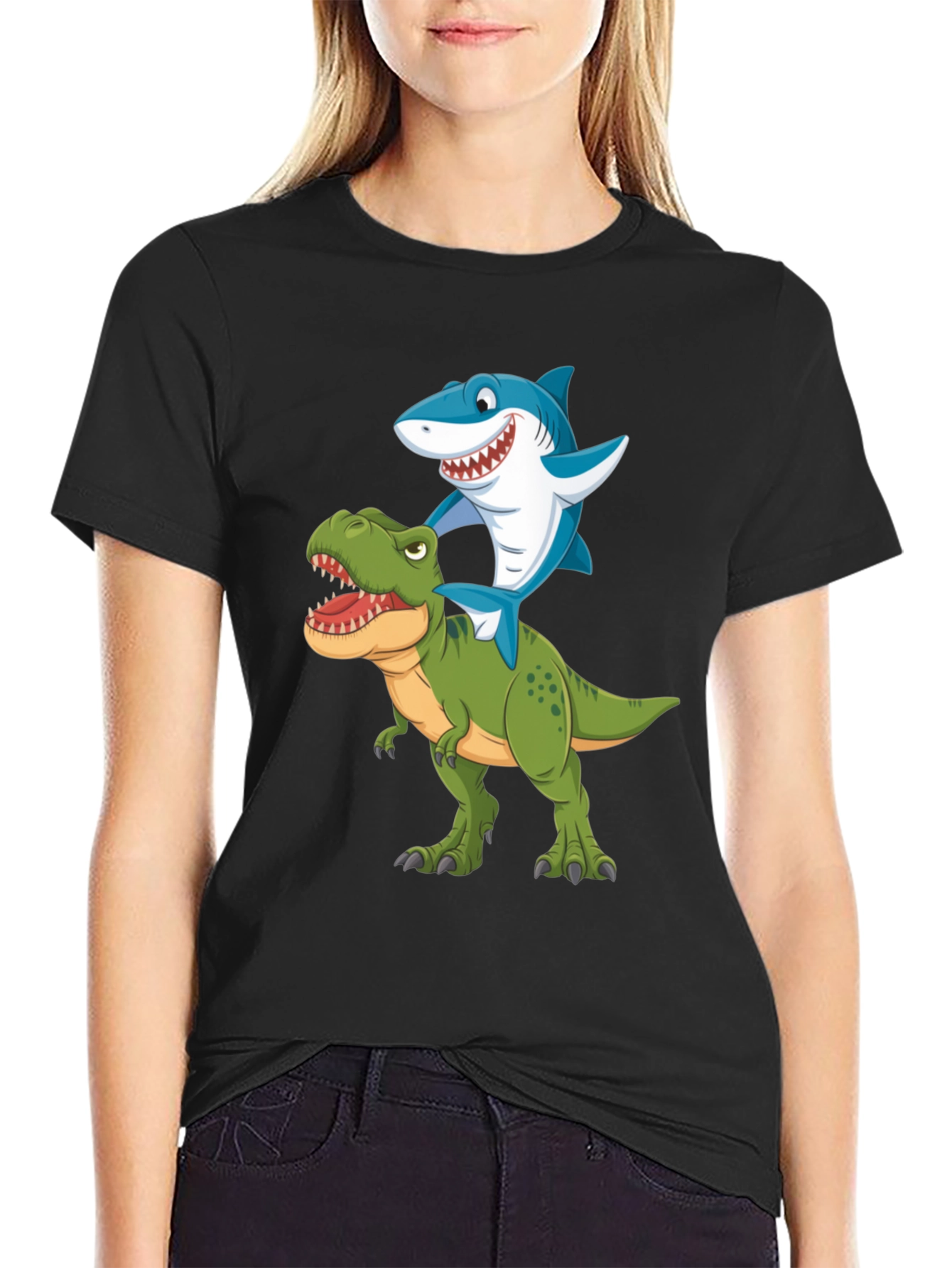 Shark Riding Dinosaur Graphic T-Shirt
