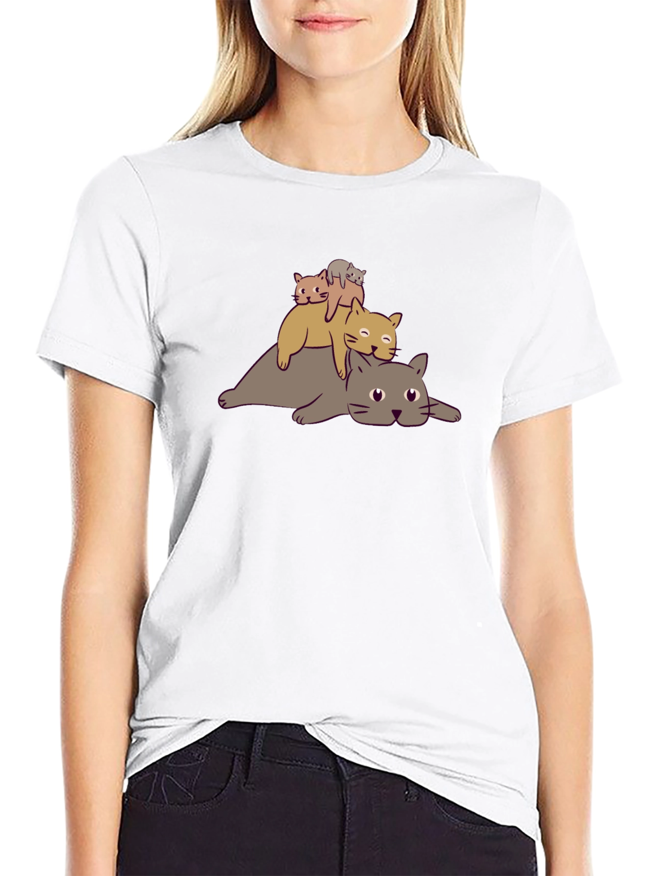 Stacked Cats Graphic Tee - Black Cotton T-Shirt