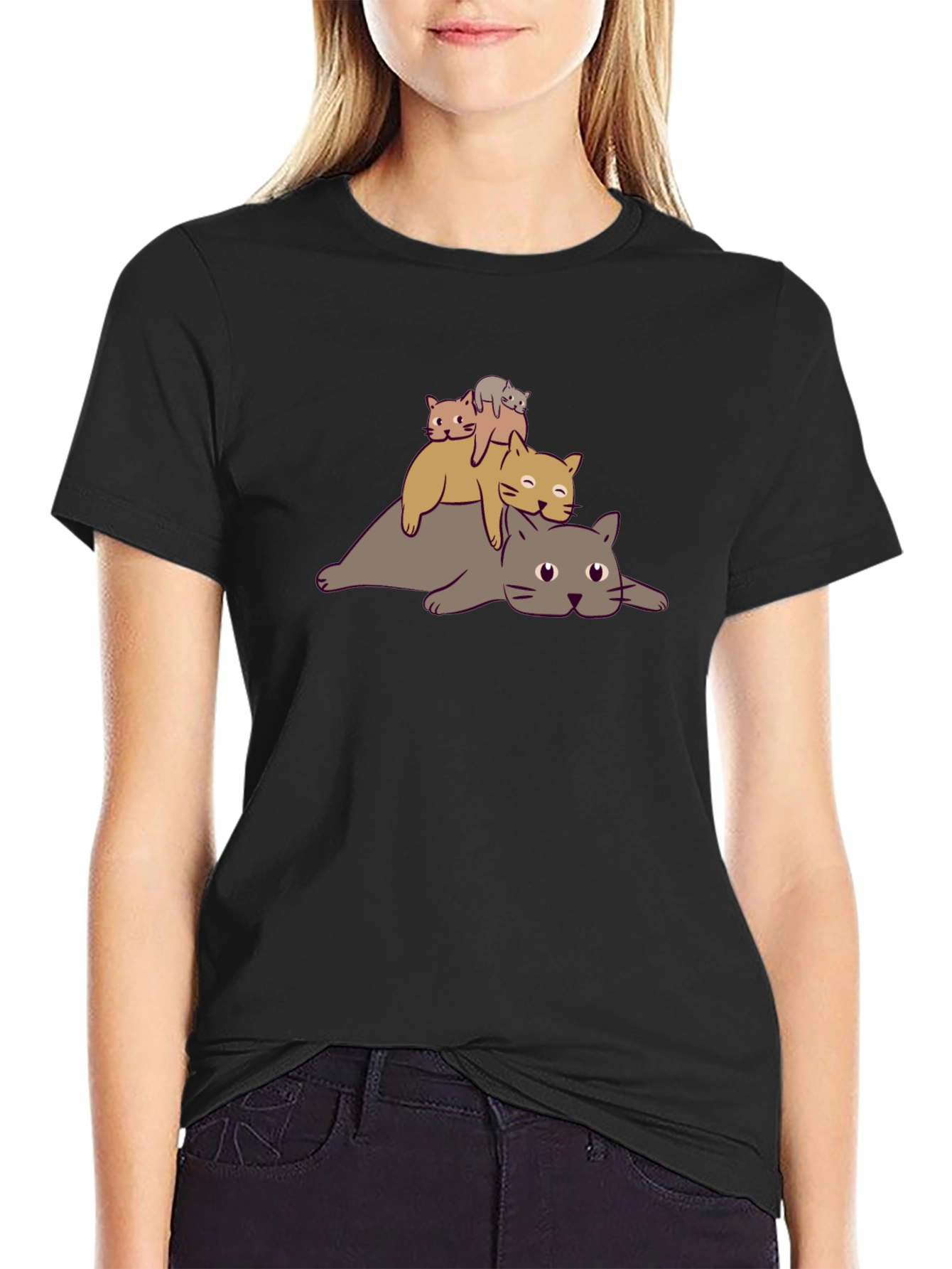 Stacked Cats Graphic Tee - Black Cotton T-Shirt