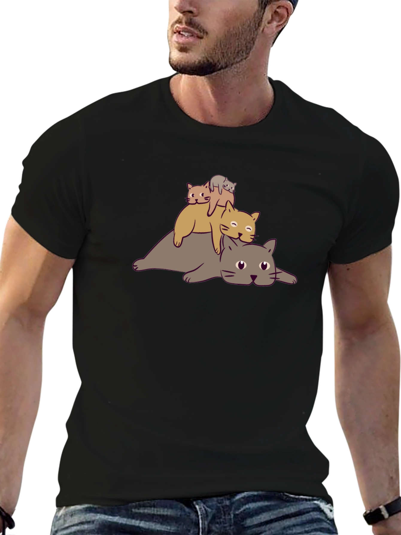 Stacked Cats Graphic Tee - Black Cotton T-Shirt