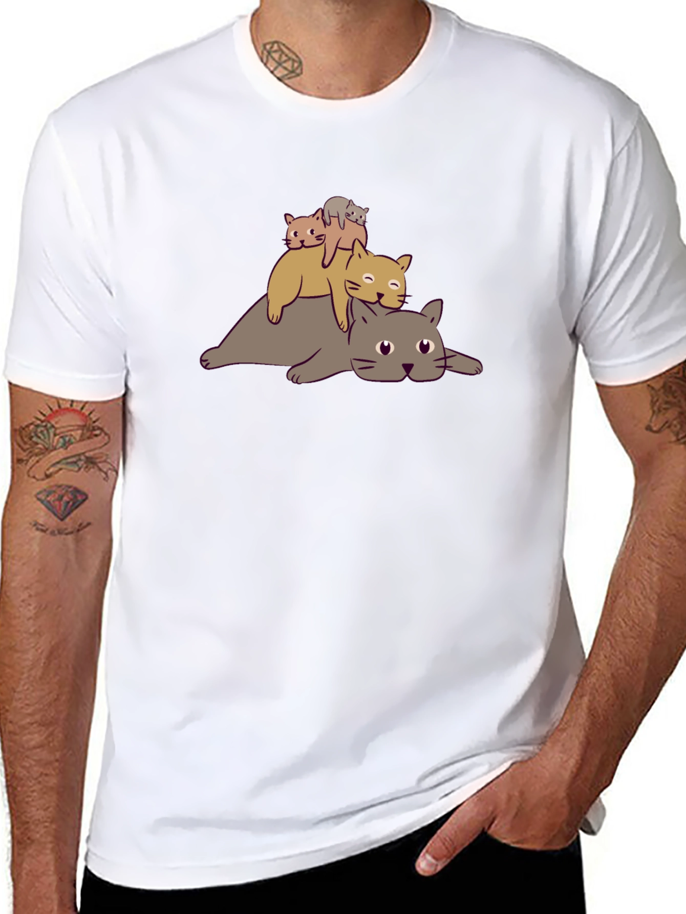 Stacked Cats Graphic Tee - Black Cotton T-Shirt