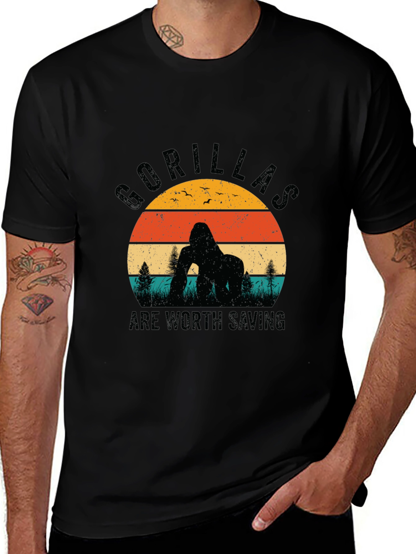 Gorilla Conservation T-Shirt Retro Sunset Design