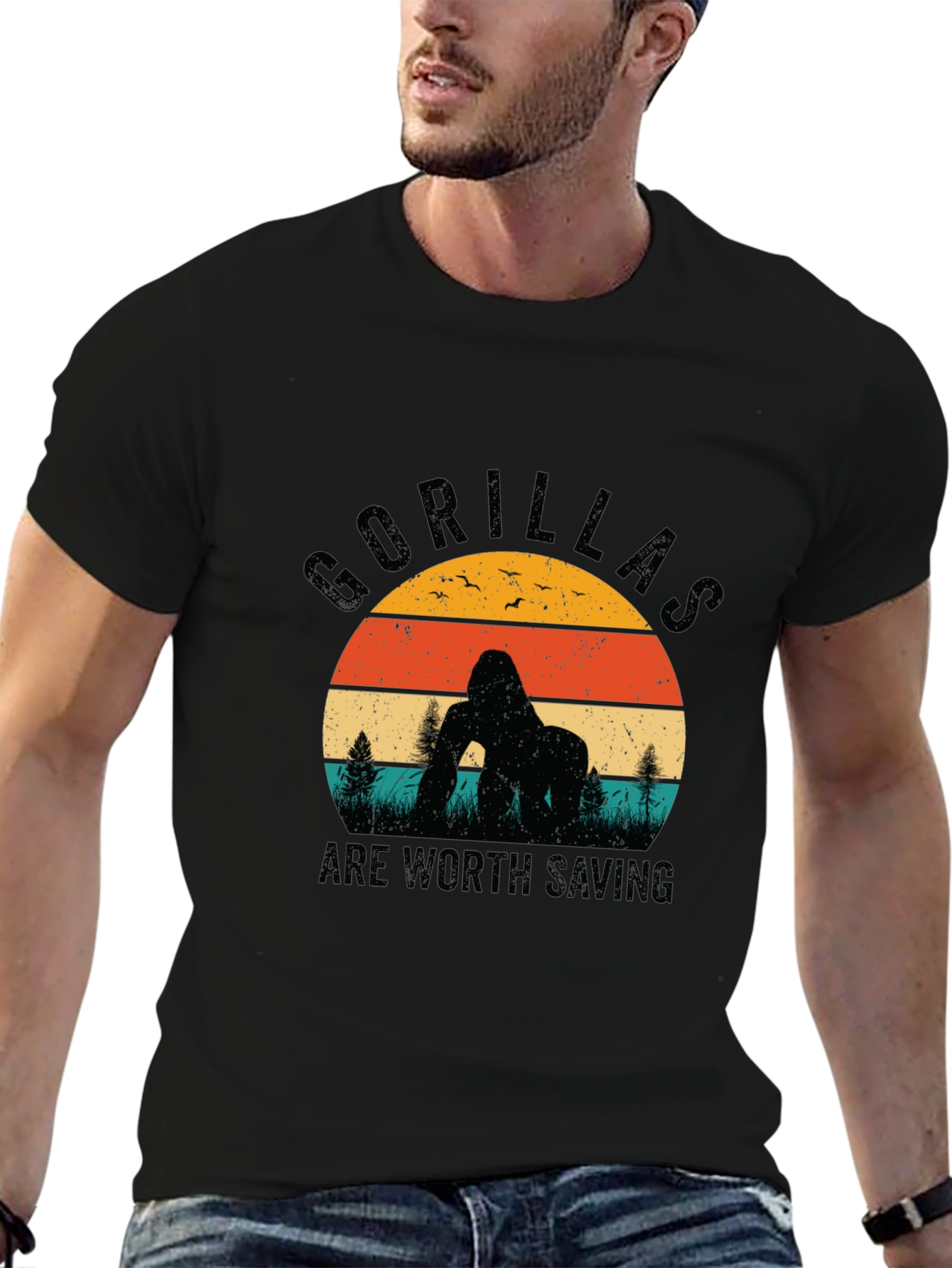 Gorilla Conservation T-Shirt Retro Sunset Design