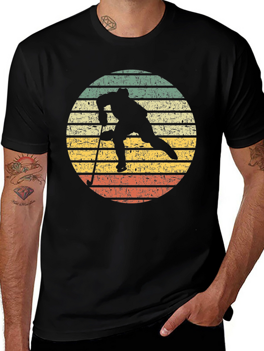 Retro Hockey Player Graphic Tee - Vintage Style Black T-Shirt