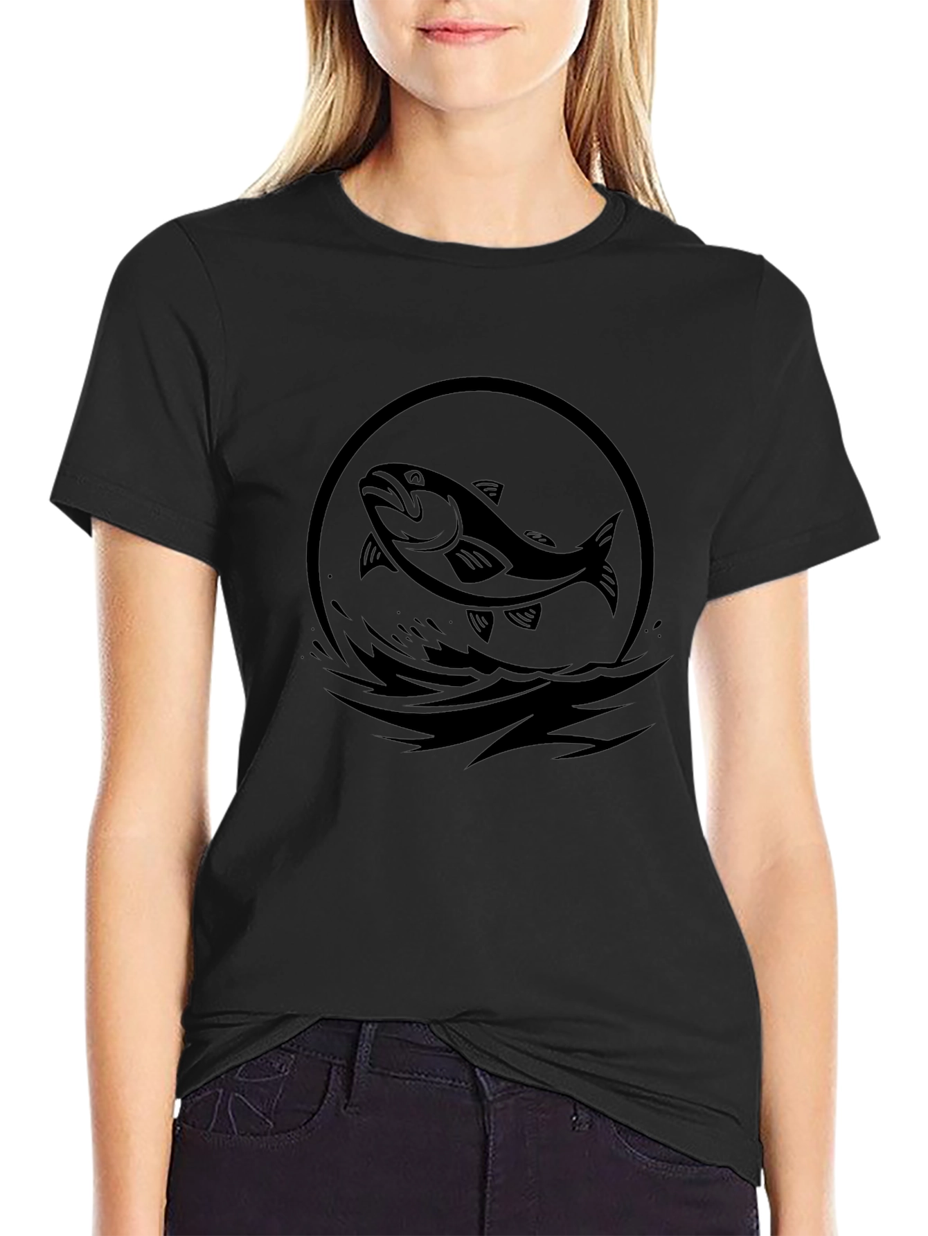 Black T-Shirt with Fish Circle Graphic