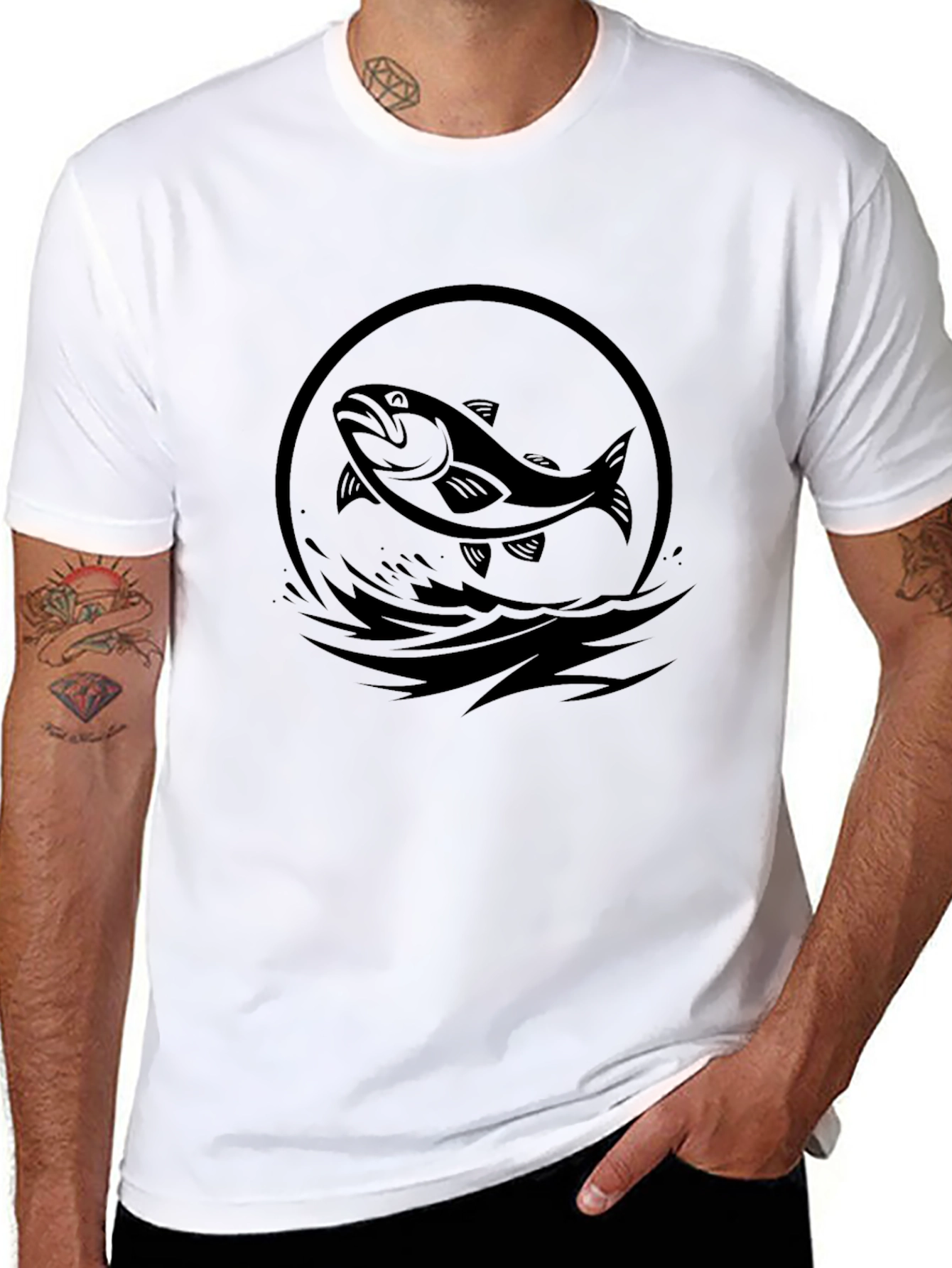 Black T-Shirt with Fish Circle Graphic