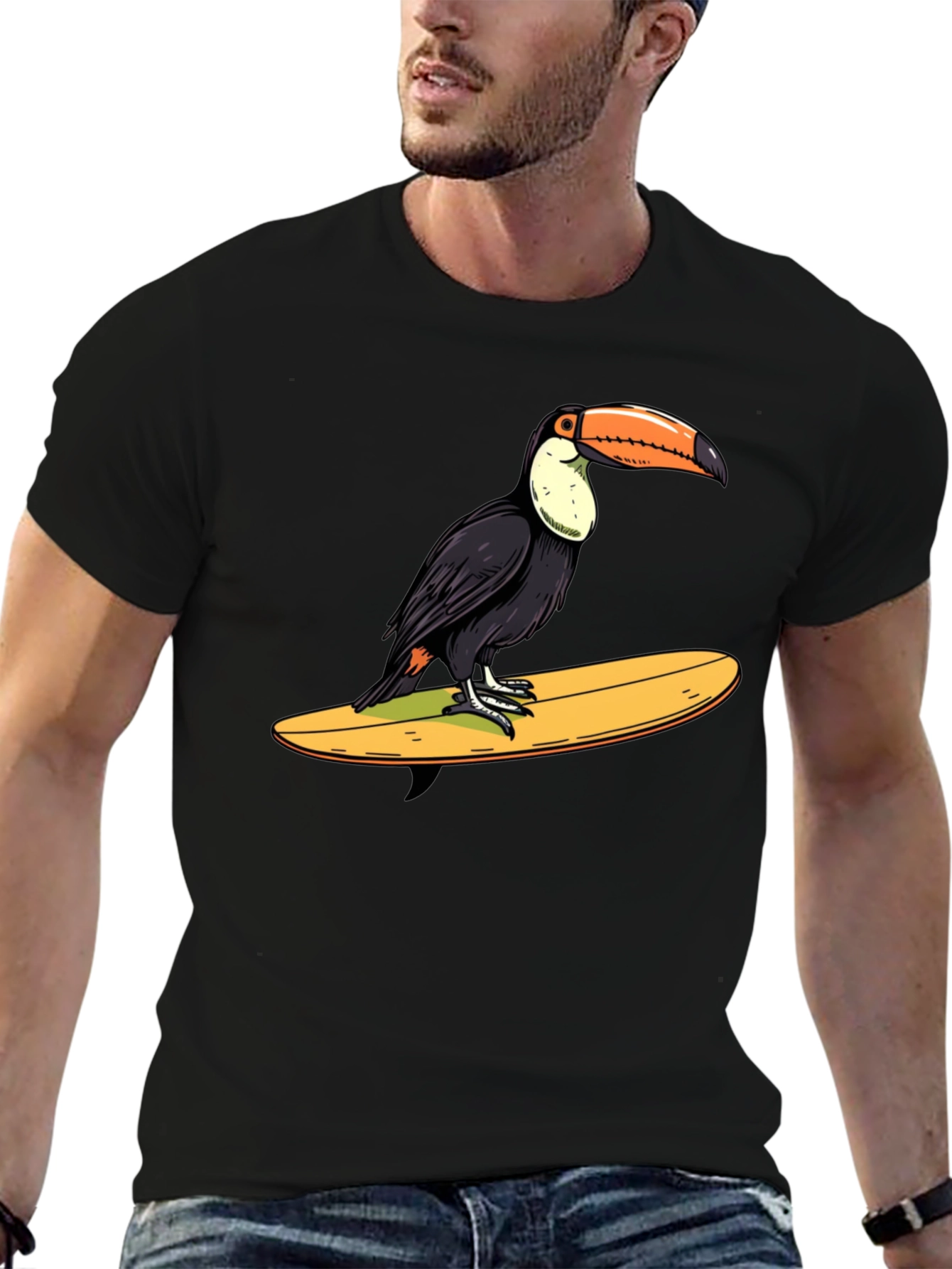 Toucan Surfing Graphic Tee - Black Cotton T-Shirt
