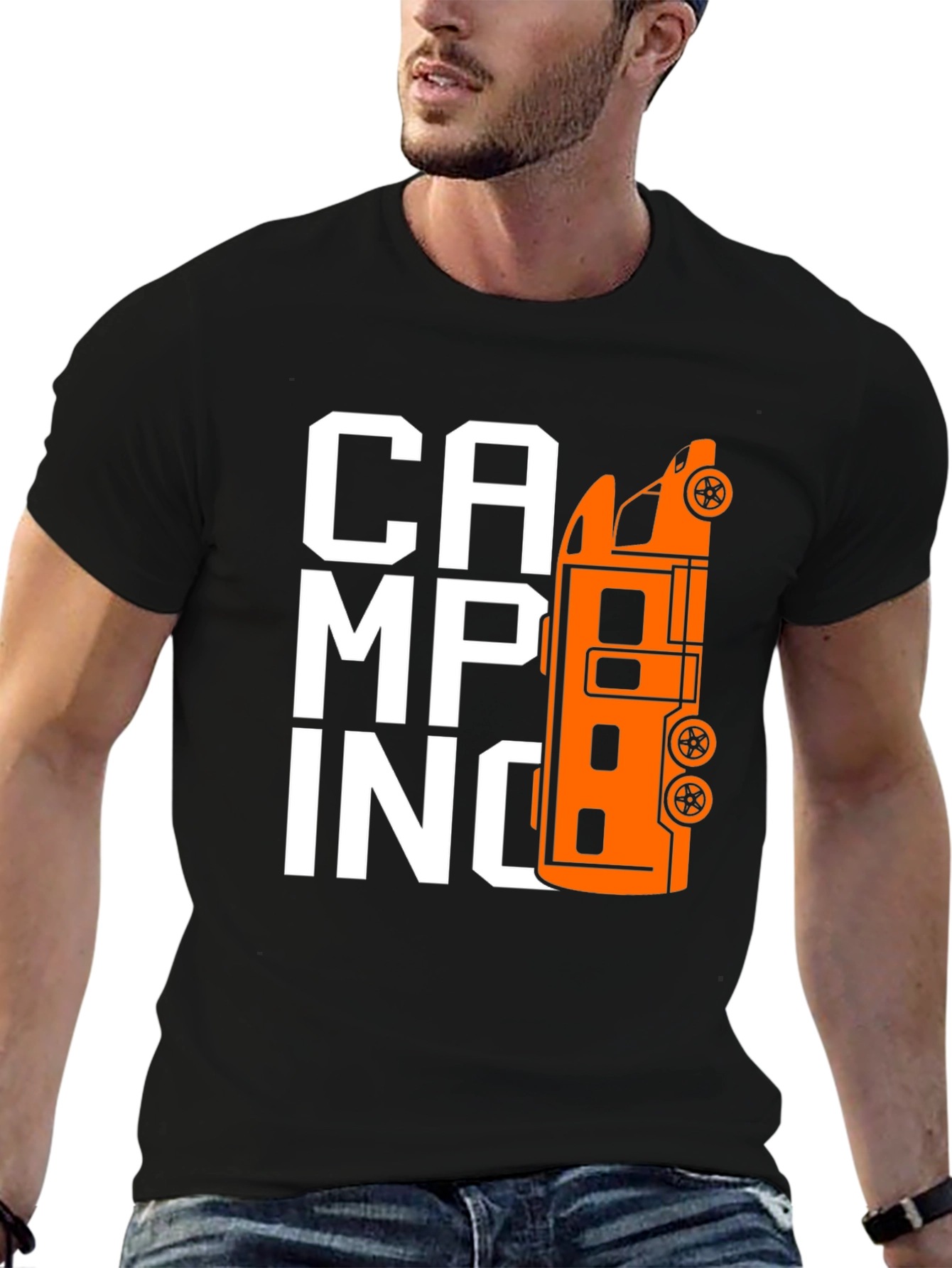 Camping Van Graphic Tee - Black Cotton T-Shirt