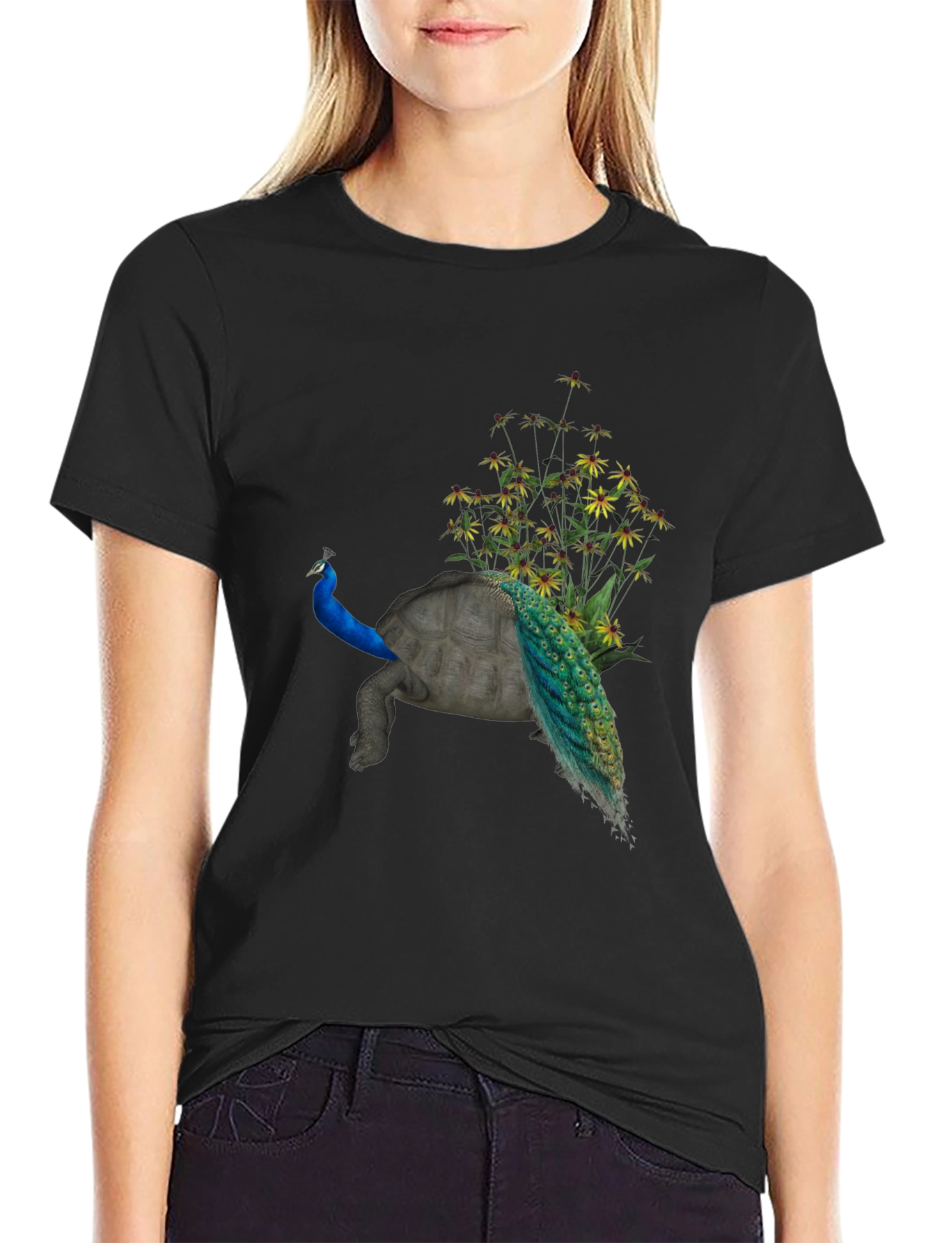 Peacock Turtle Graphic Tee - Unique Animal Fusion Art