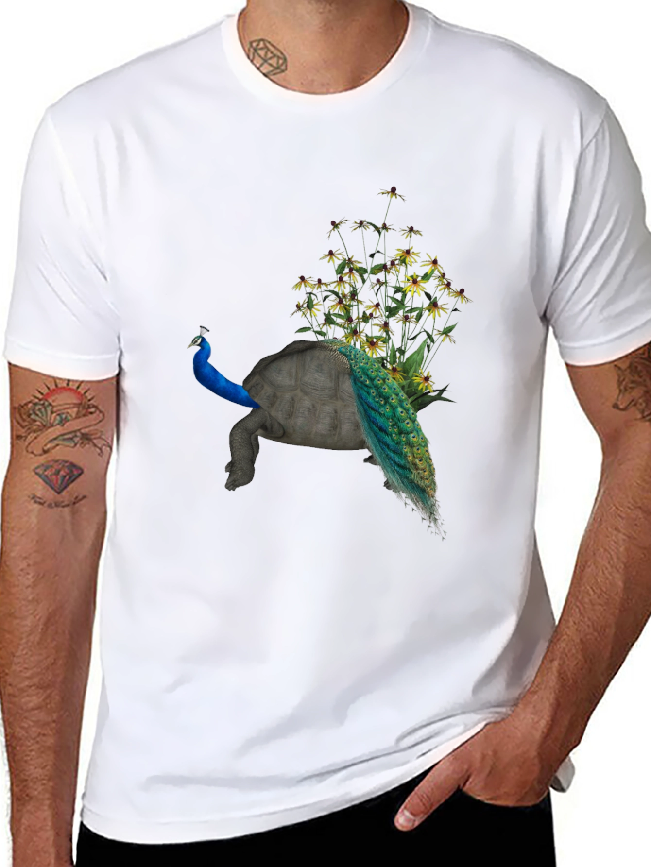 Peacock Turtle Graphic Tee - Unique Animal Fusion Art