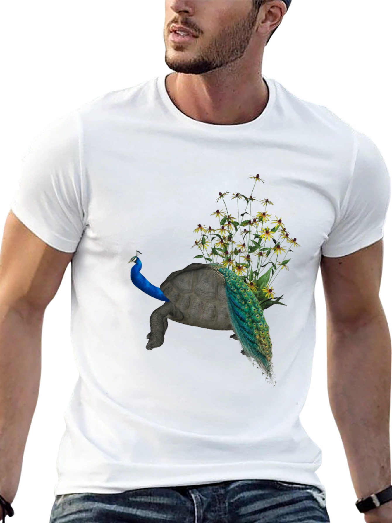 Peacock Turtle Graphic Tee - Unique Animal Fusion Art