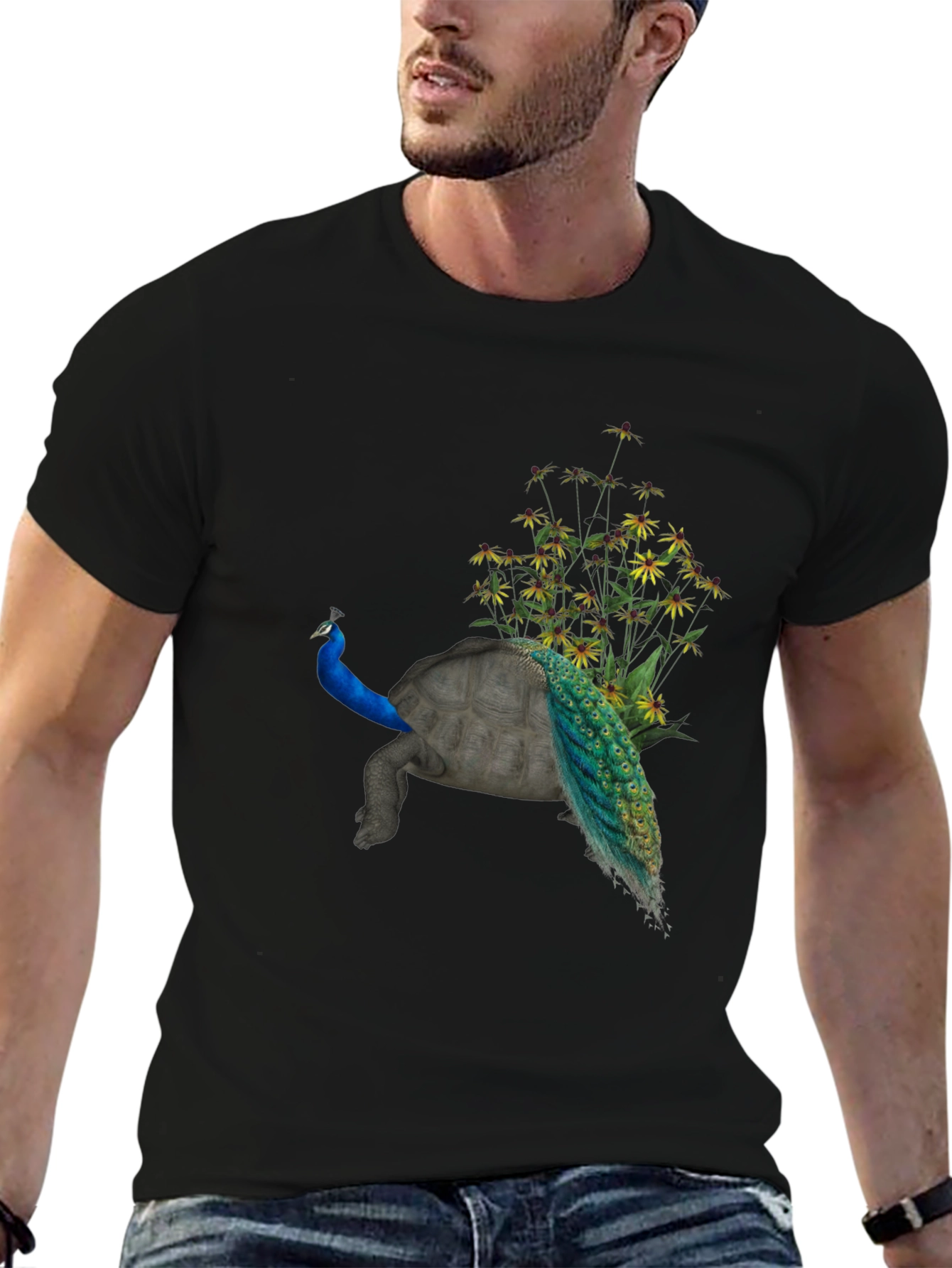 Peacock Turtle Graphic Tee - Unique Animal Fusion Art