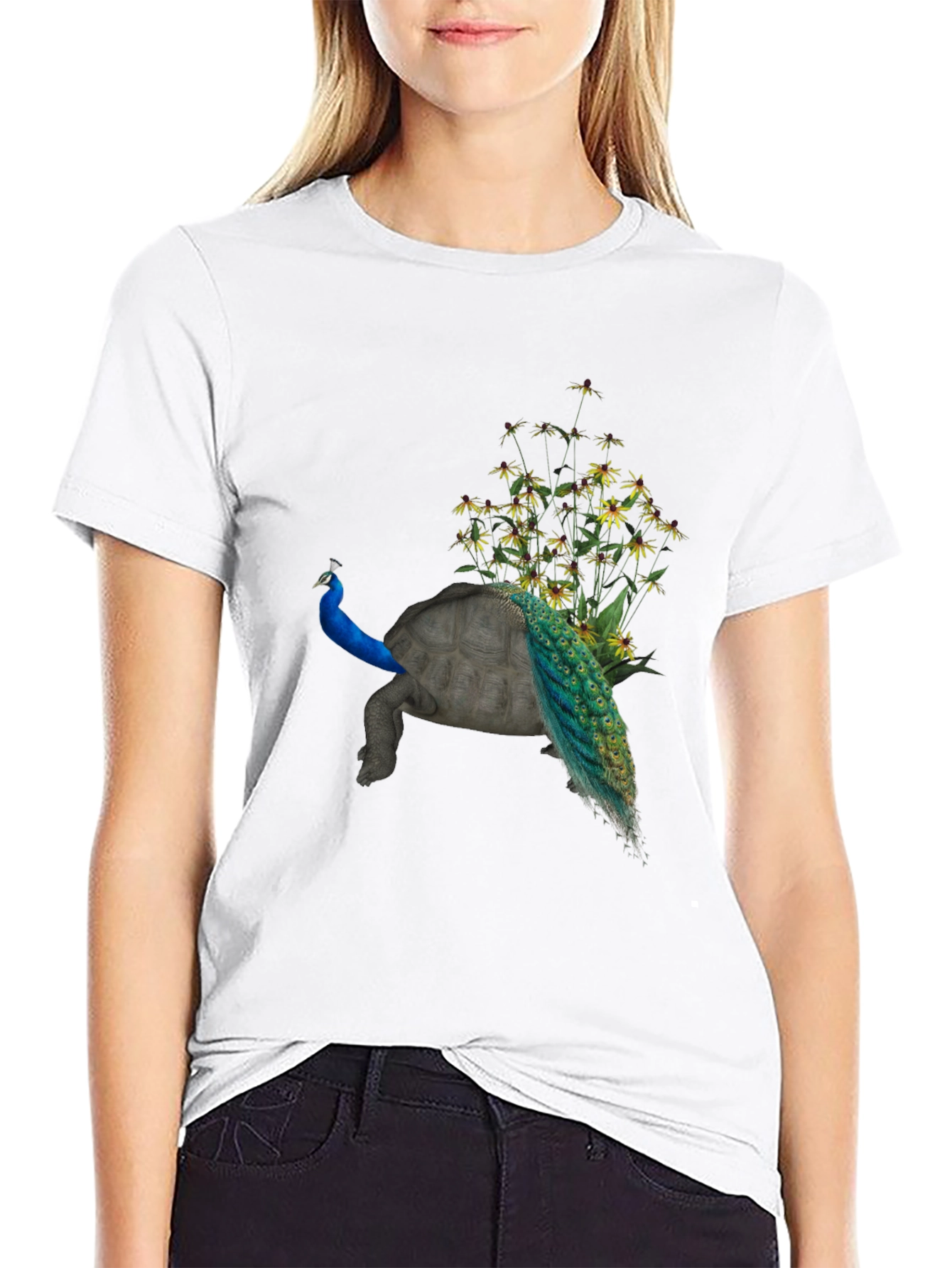 Peacock Turtle Graphic Tee - Unique Animal Fusion Art