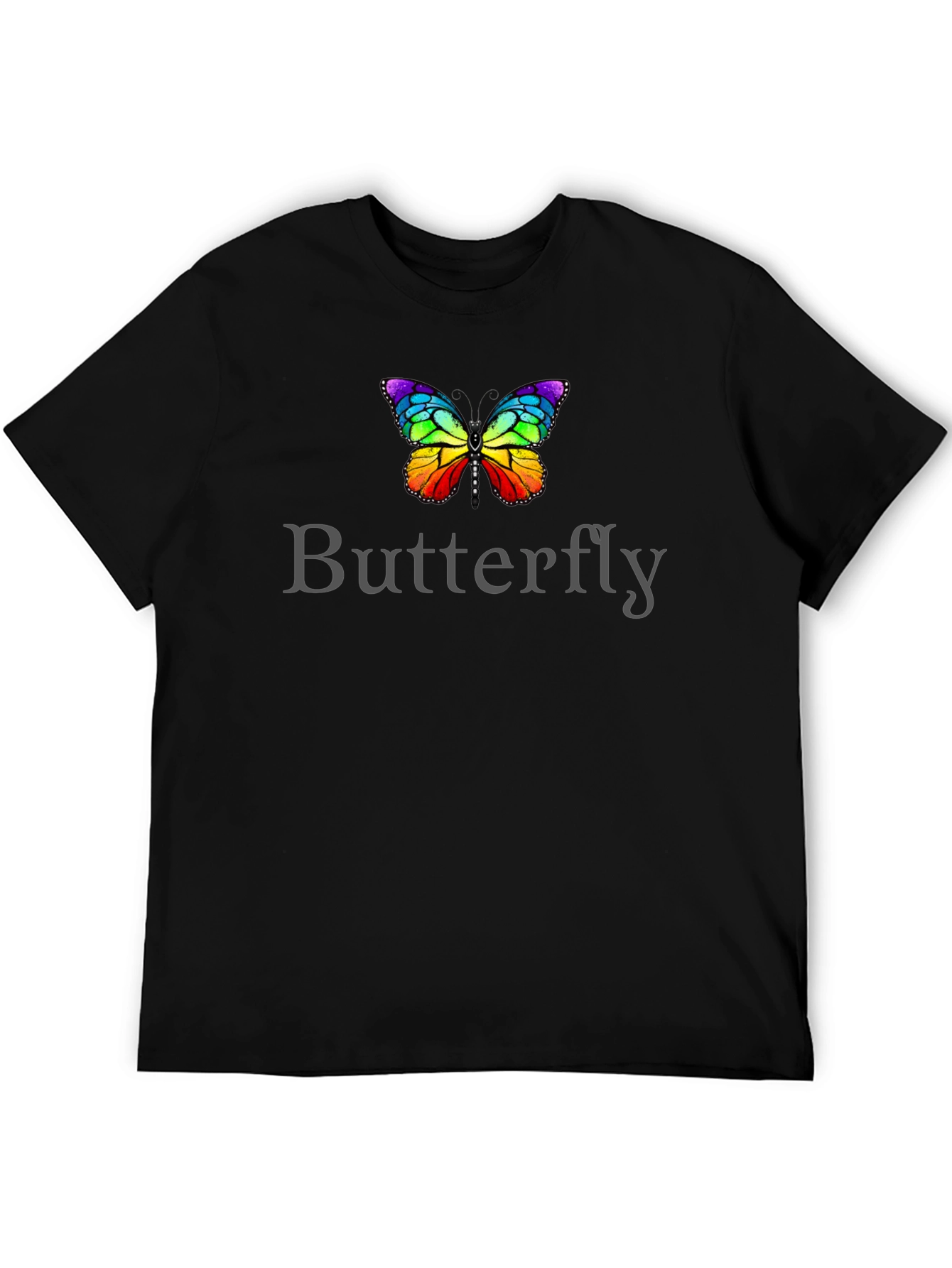 Rainbow Butterfly Graphic Tee - Black Cotton T-Shirt