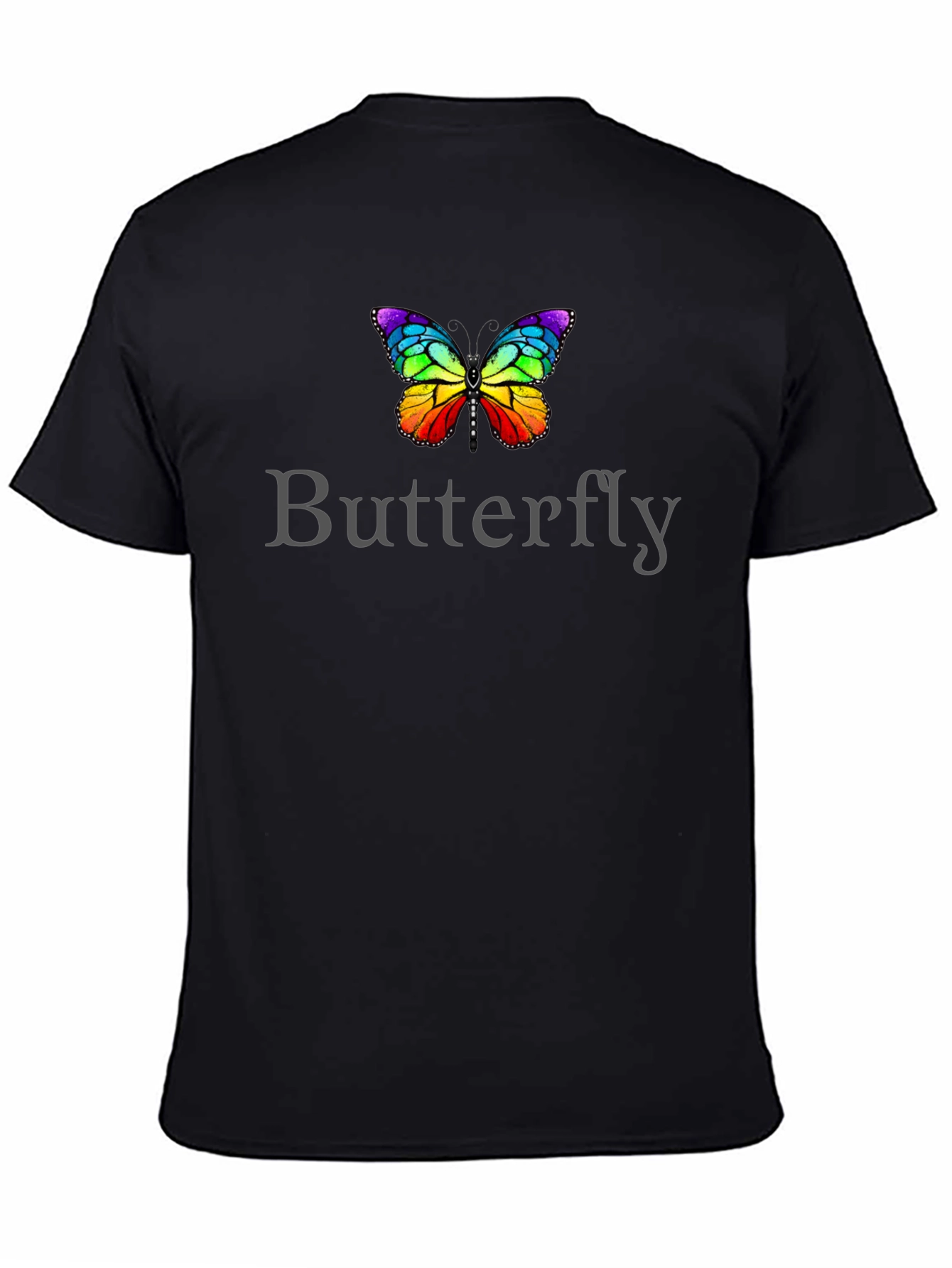 Rainbow Butterfly Graphic Tee - Black Cotton T-Shirt