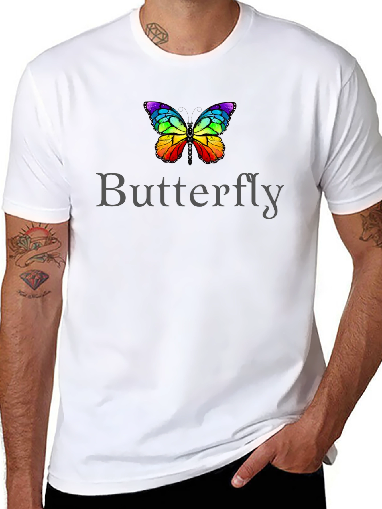 Rainbow Butterfly Graphic Tee - Black Cotton T-Shirt