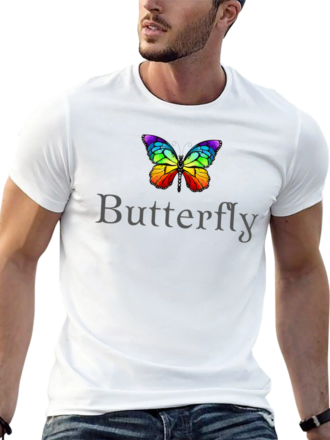 Rainbow Butterfly Graphic Tee - Black Cotton T-Shirt