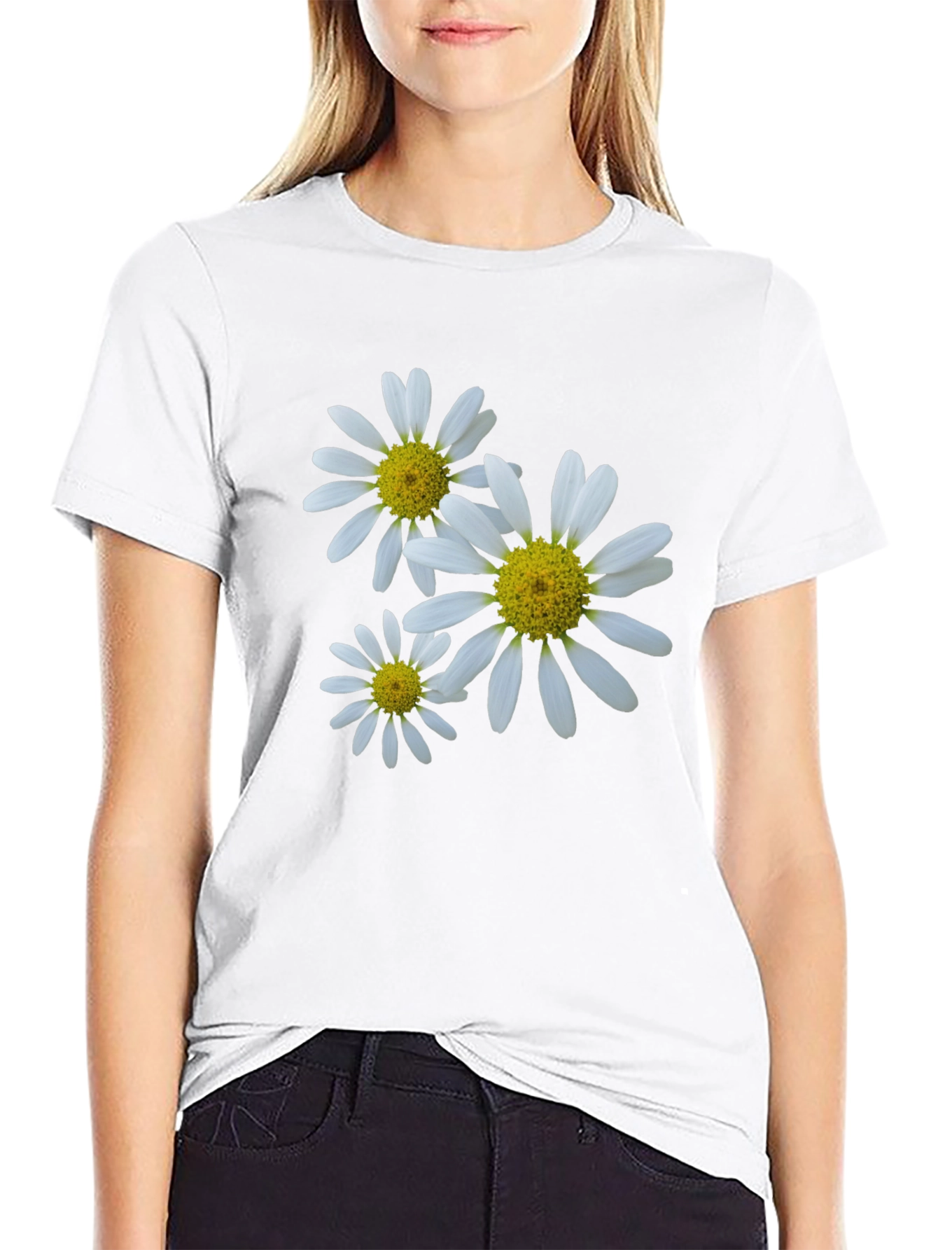 Daisy Flower Print Black T-Shirt