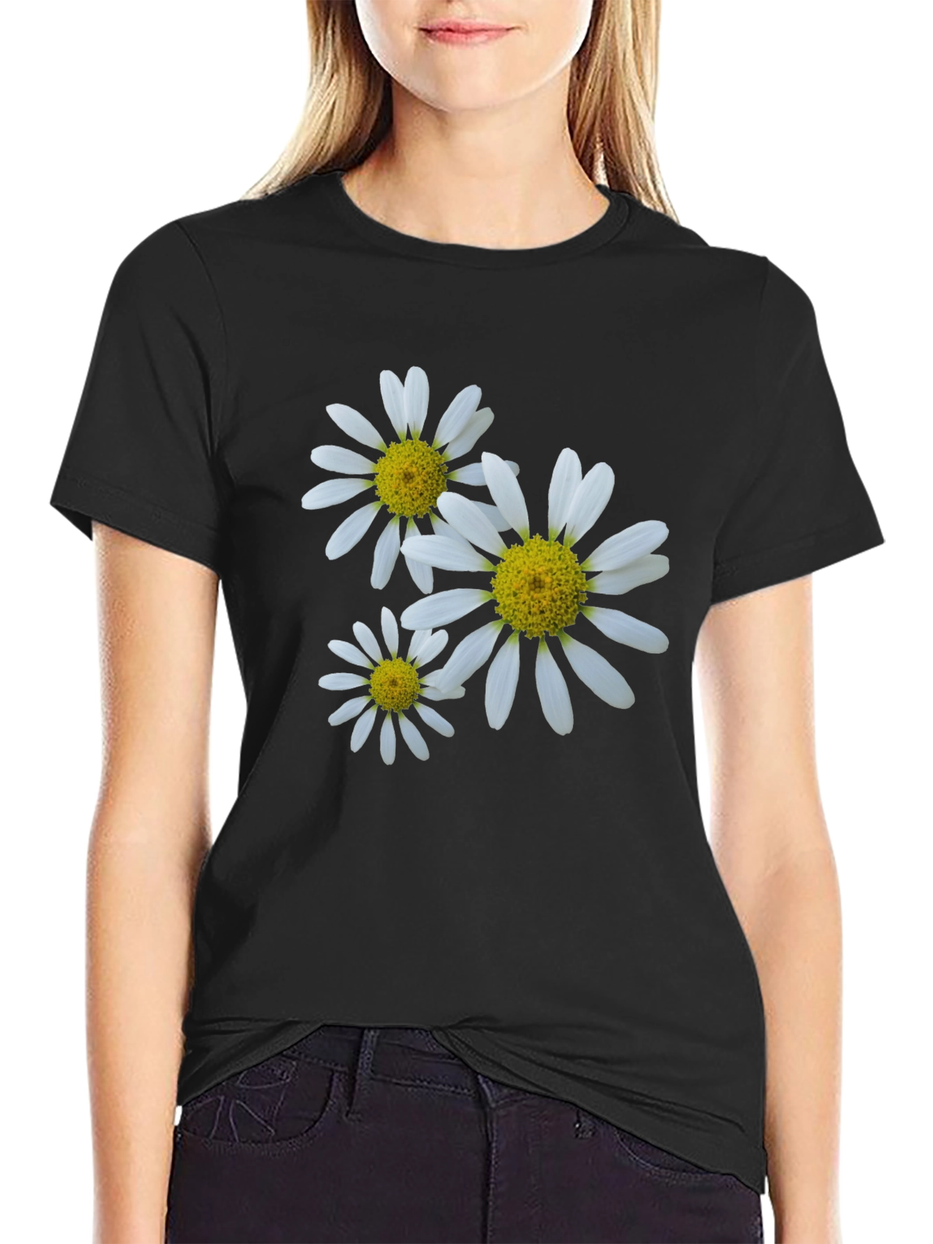 Daisy Flower Print Black T-Shirt