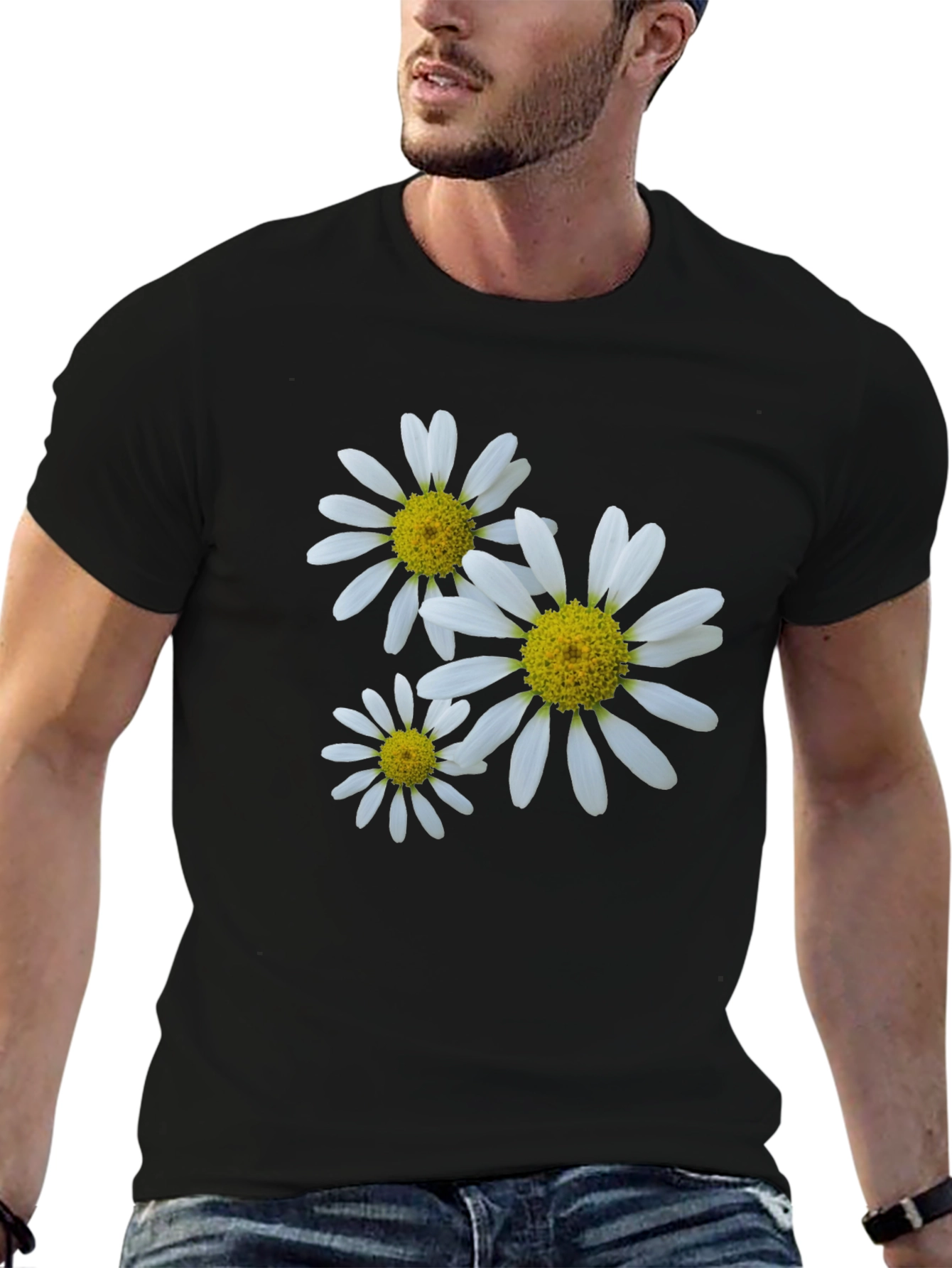 Daisy Flower Print Black T-Shirt