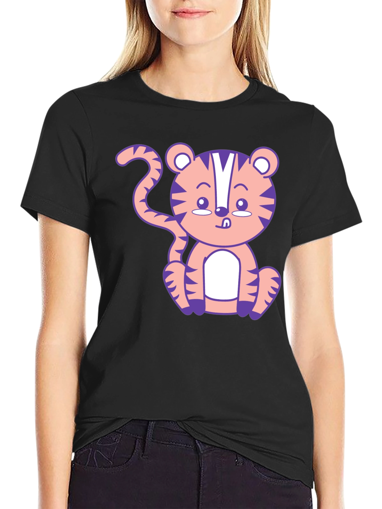 Cute Cartoon Tiger Graphic T-Shirt - Black