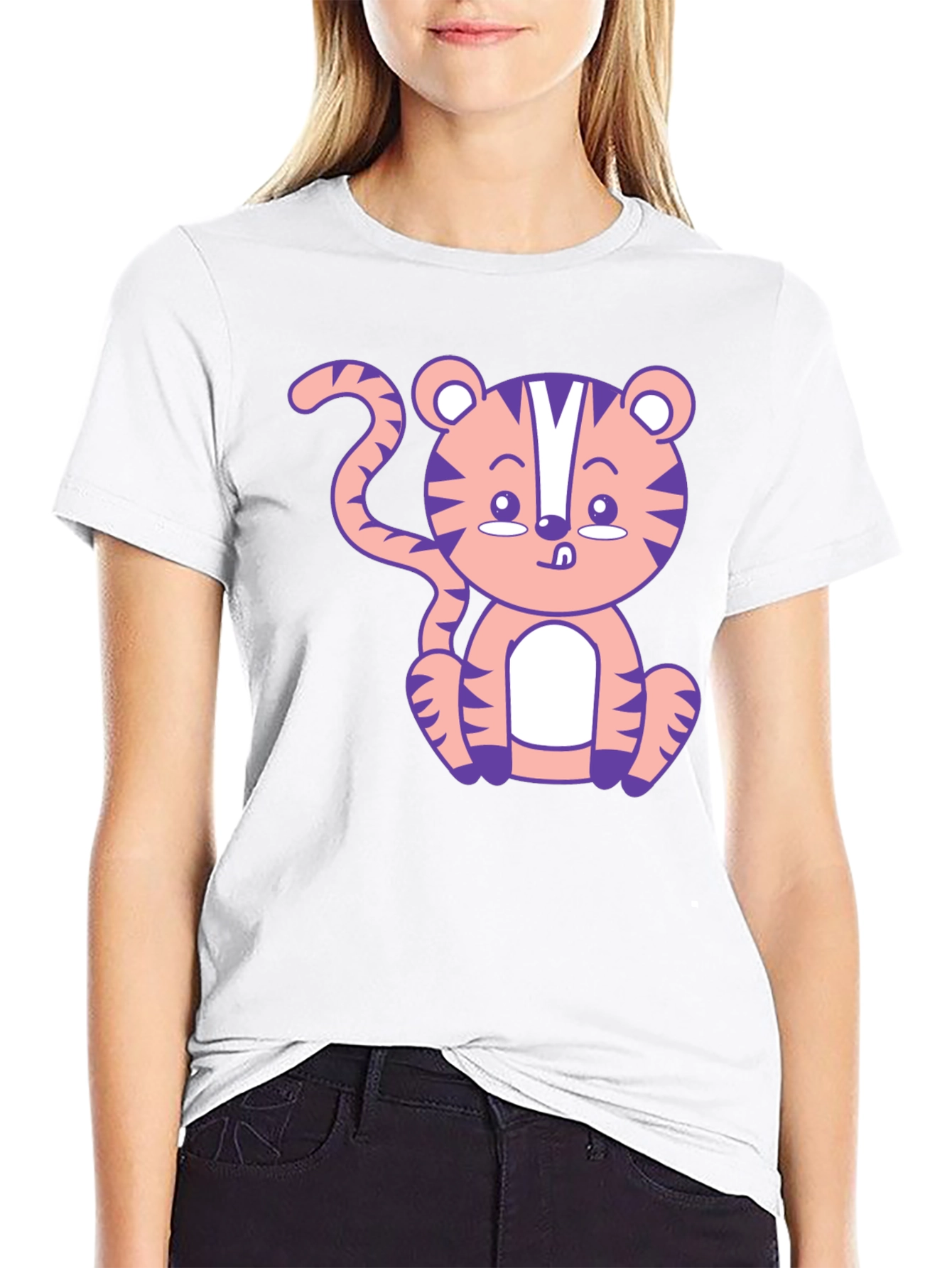 Cute Cartoon Tiger Graphic T-Shirt - Black