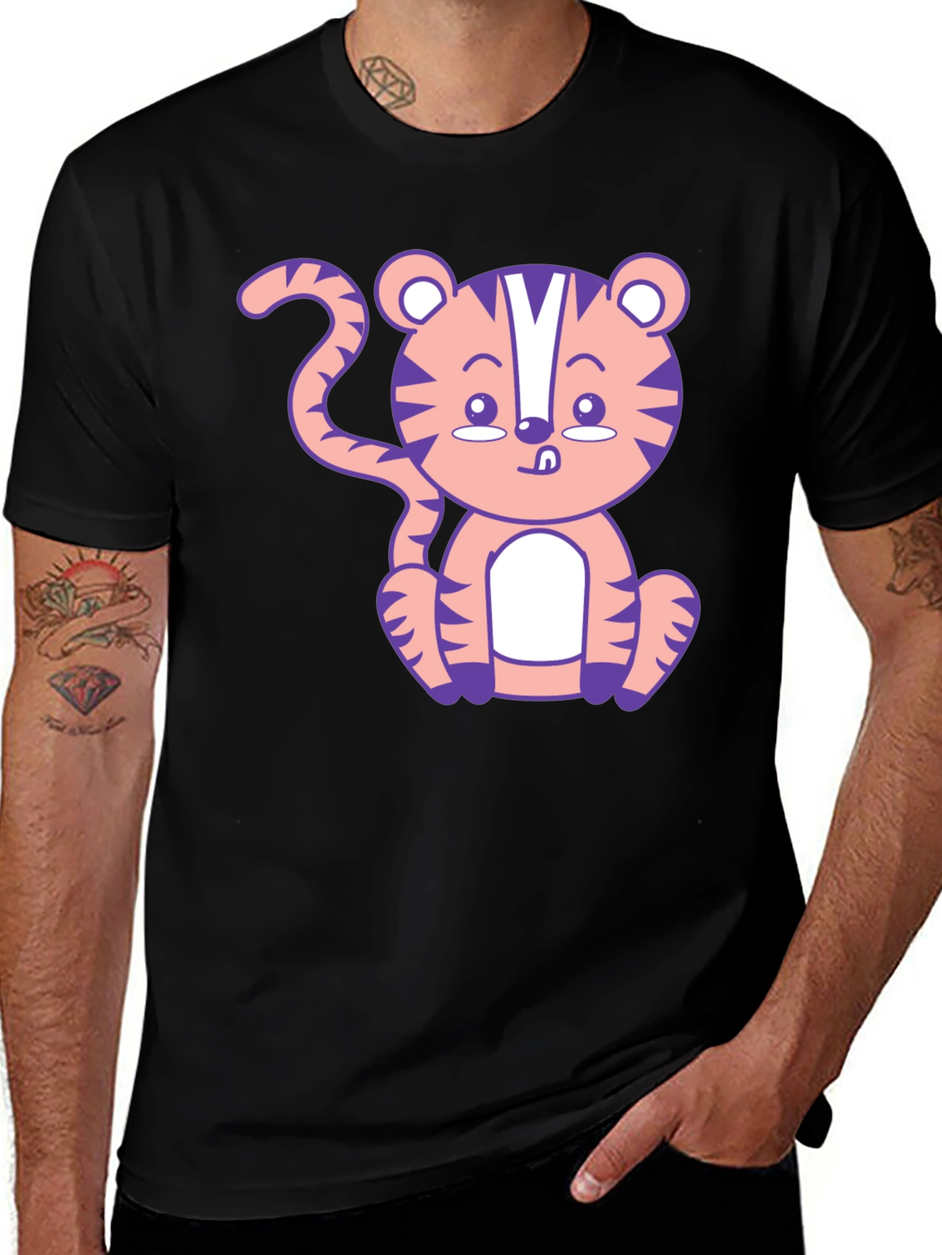 Cute Cartoon Tiger Graphic T-Shirt - Black