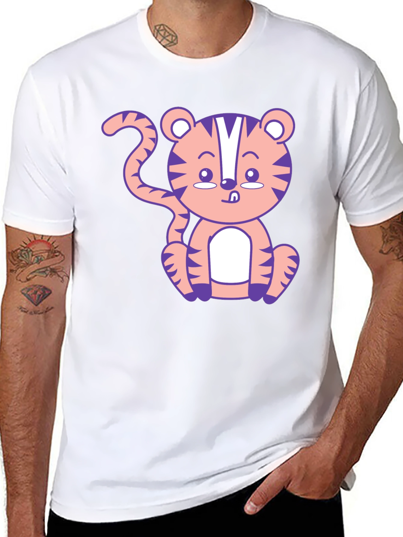 Cute Cartoon Tiger Graphic T-Shirt - Black