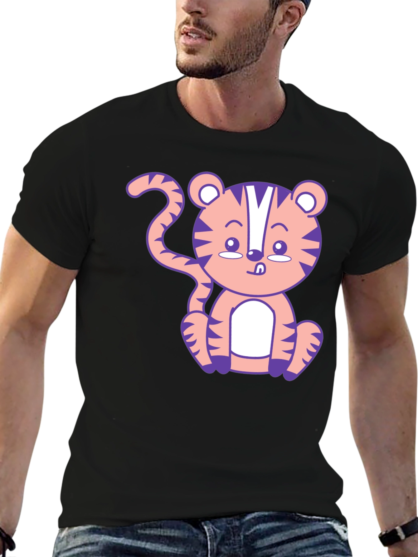 Cute Cartoon Tiger Graphic T-Shirt - Black