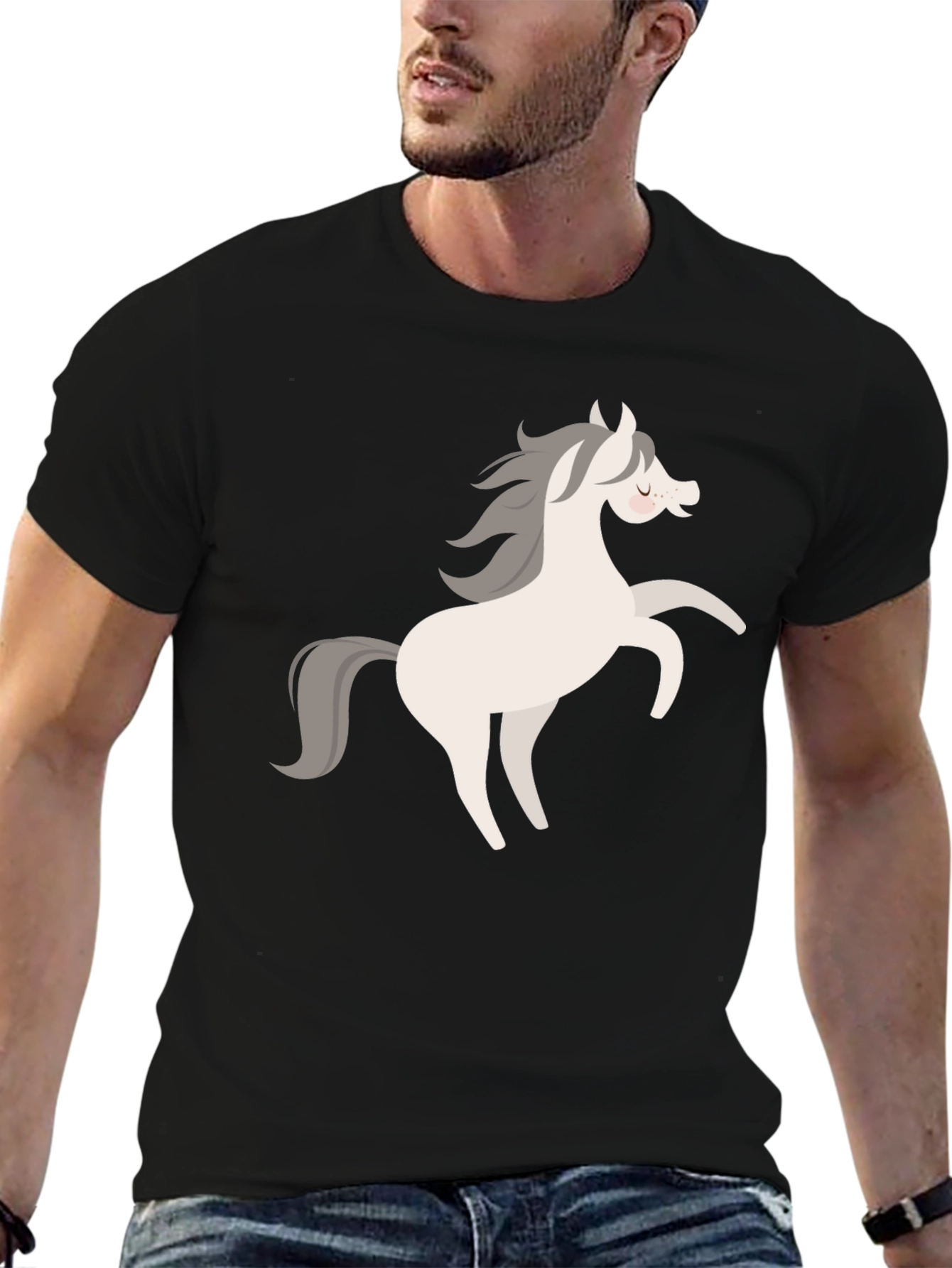 Black Tee with Cartoon Horse Graphic
