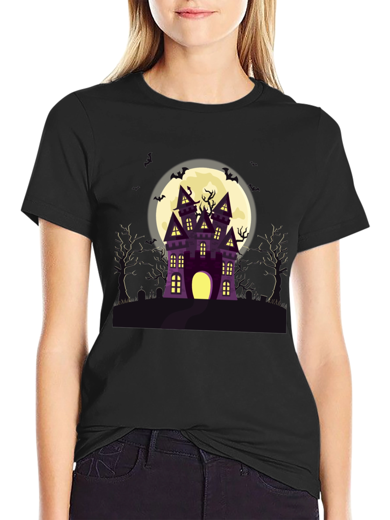 Halloween Spooky Castle Black Graphic Tee