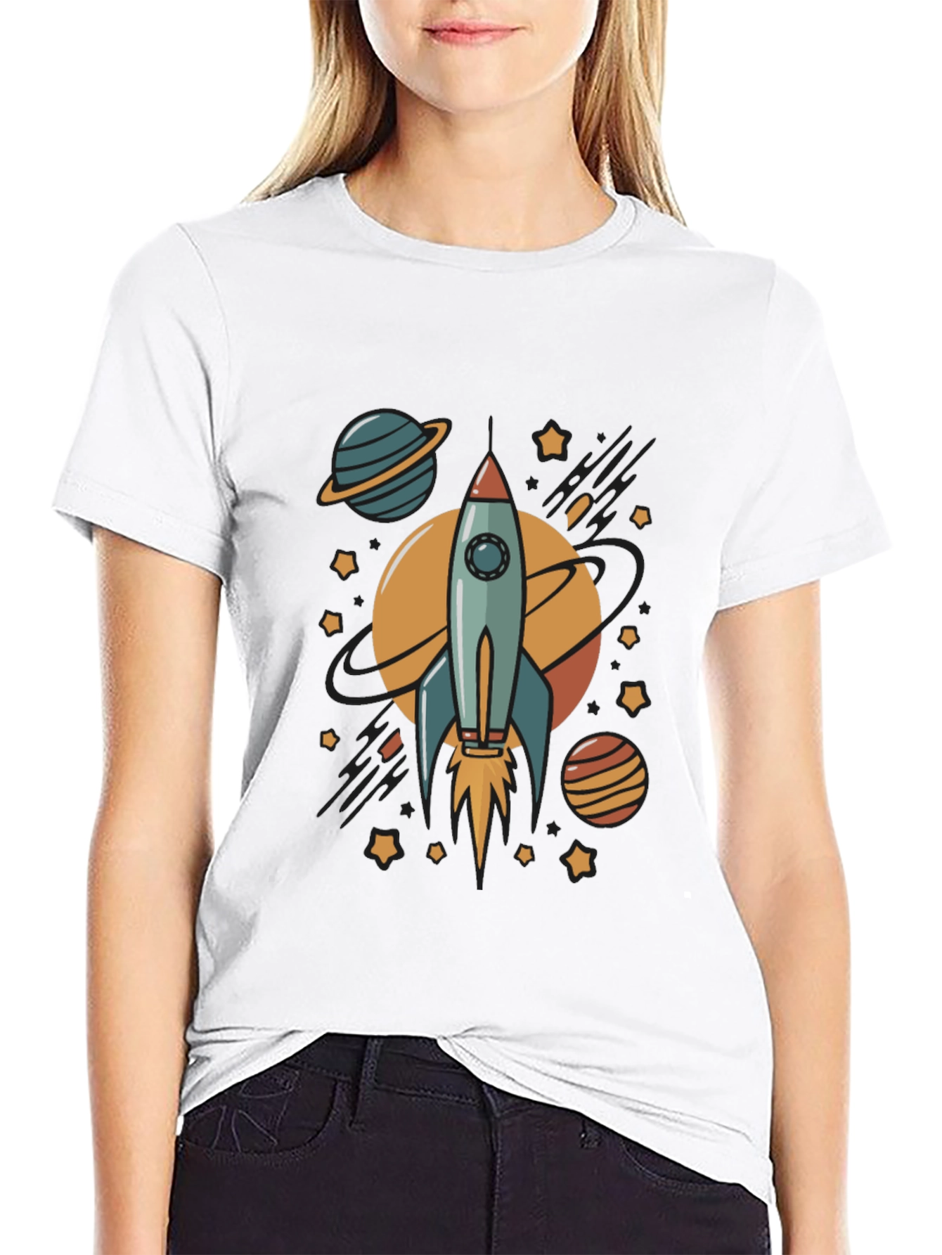 Rocket & Planets Graphic Black T-Shirt