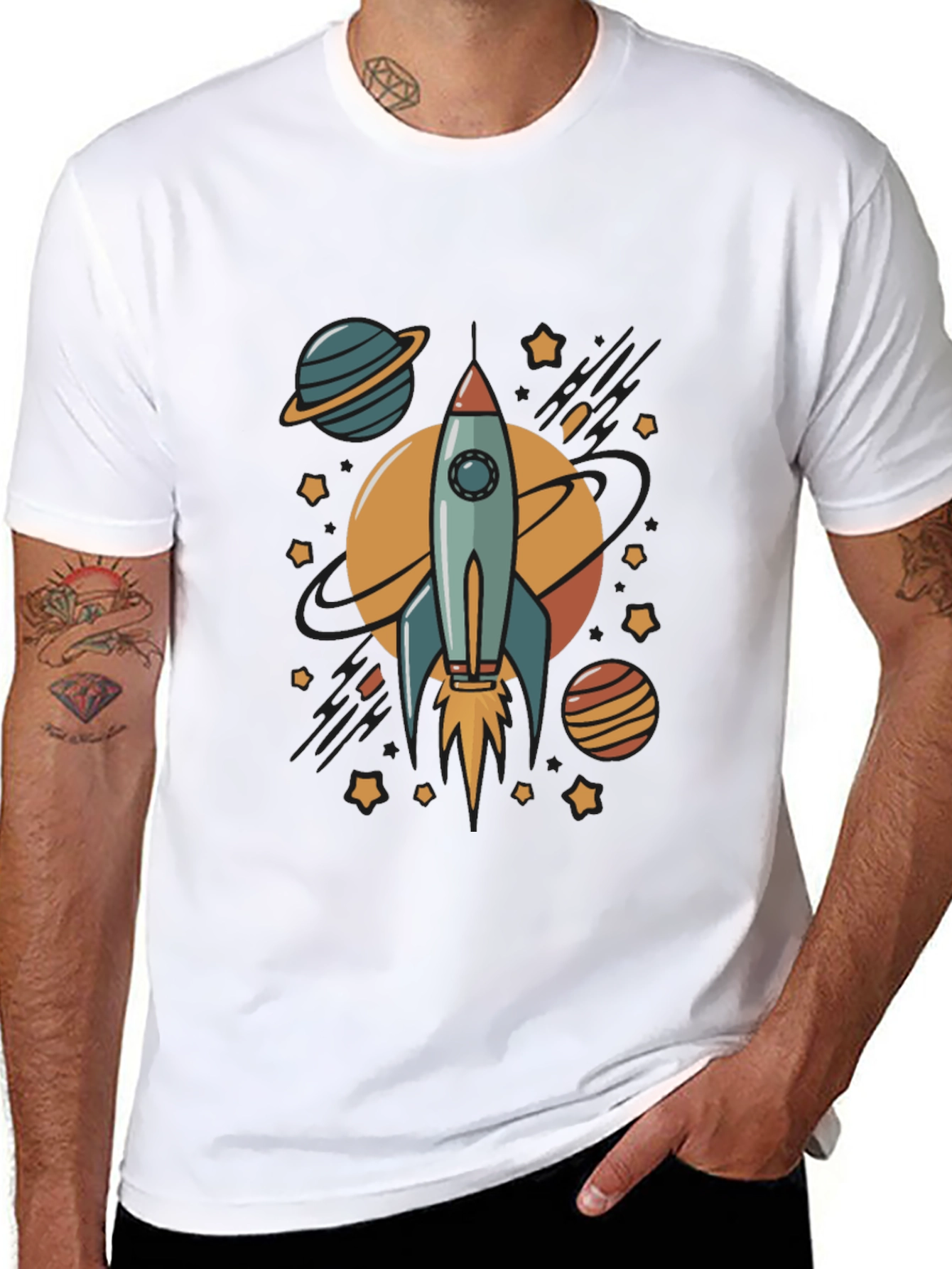 Rocket & Planets Graphic Black T-Shirt