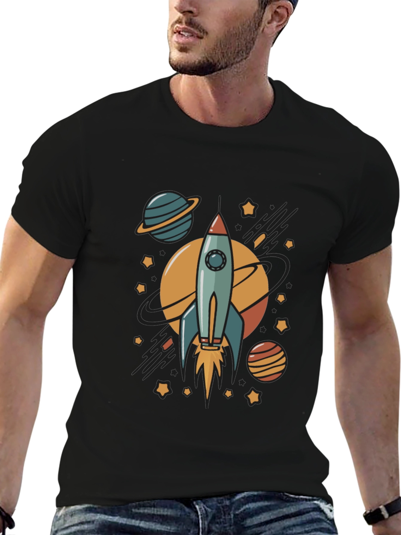 Rocket & Planets Graphic Black T-Shirt