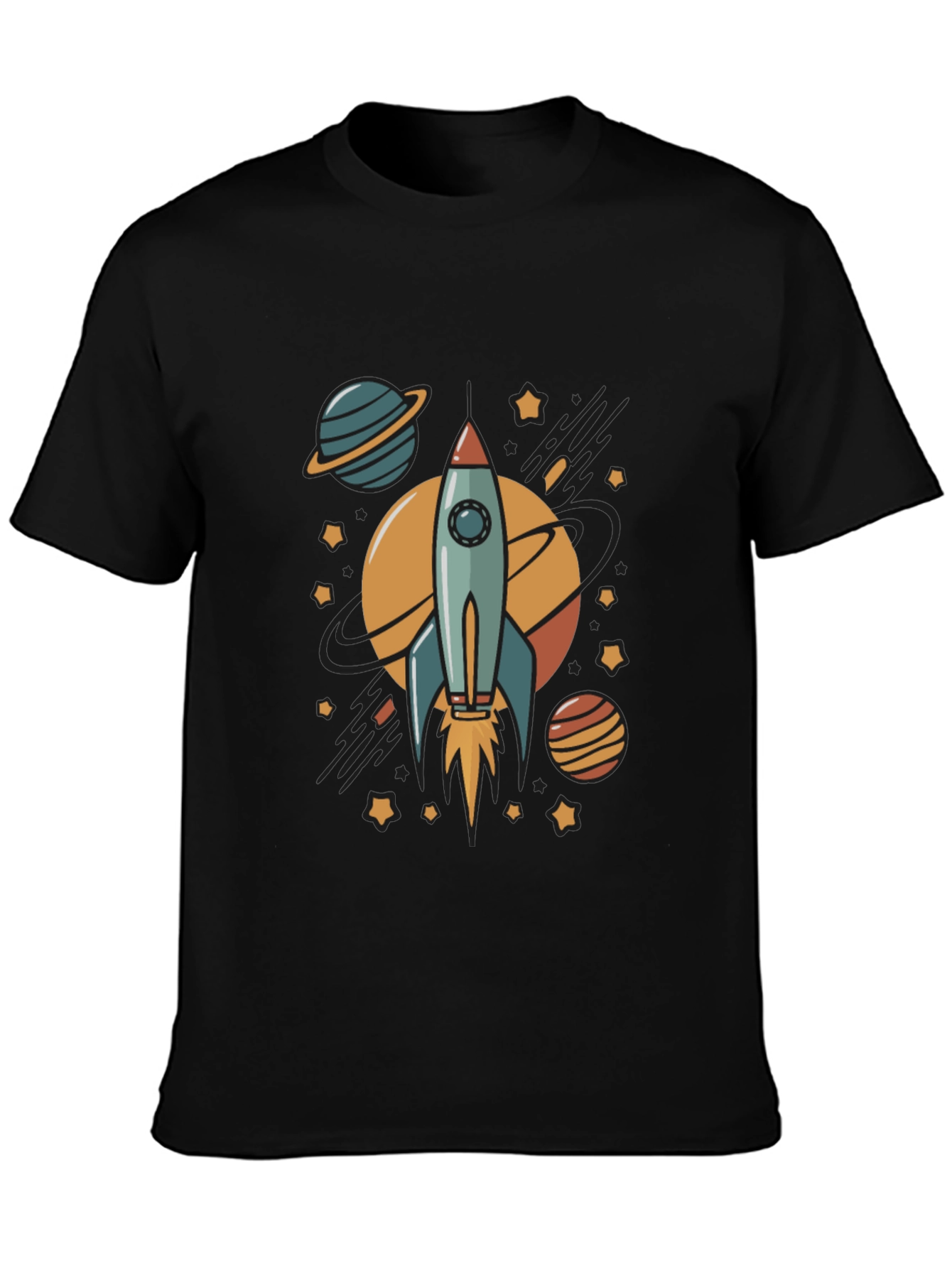 Rocket & Planets Graphic Black T-Shirt