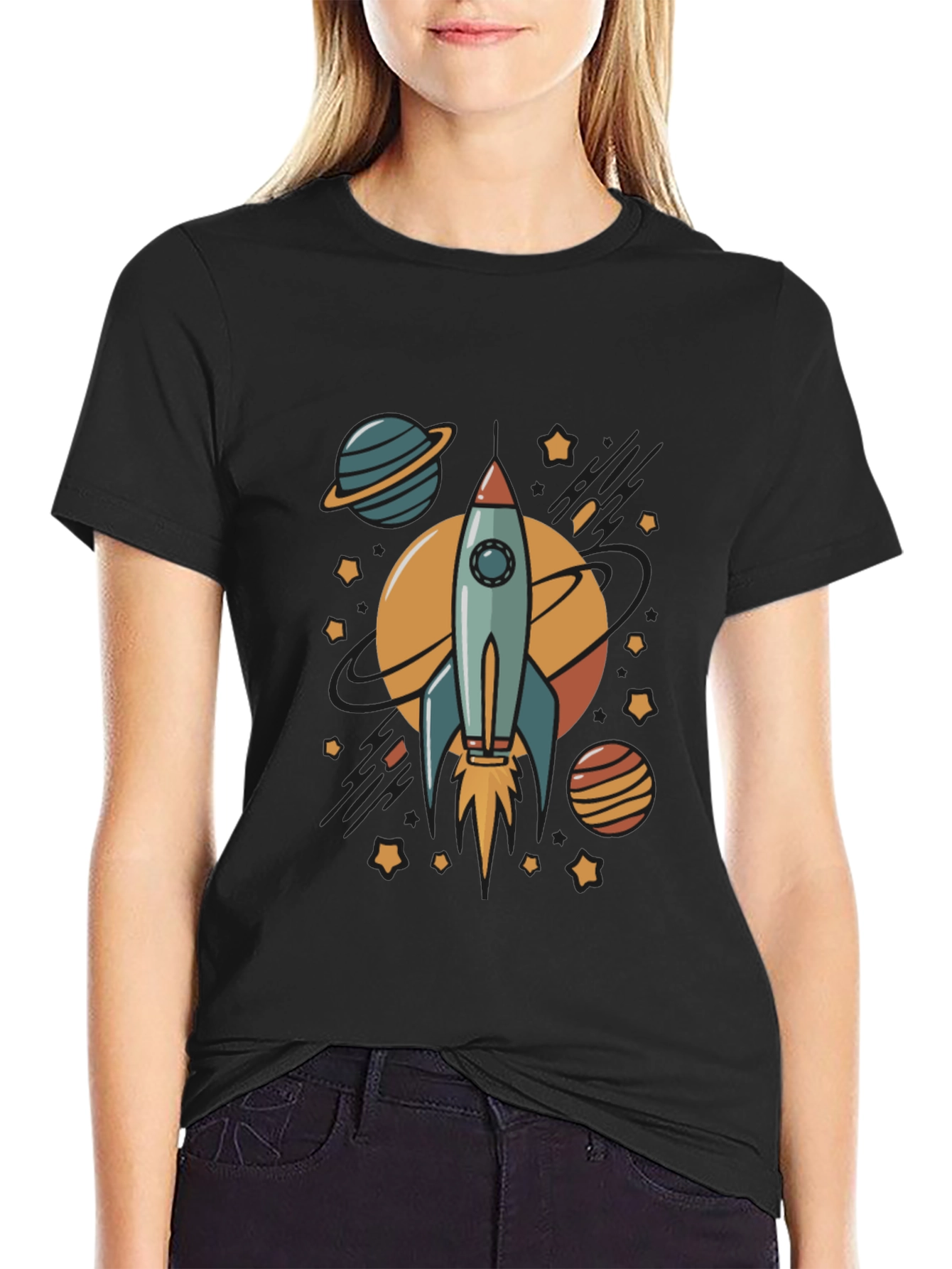 Rocket & Planets Graphic Black T-Shirt
