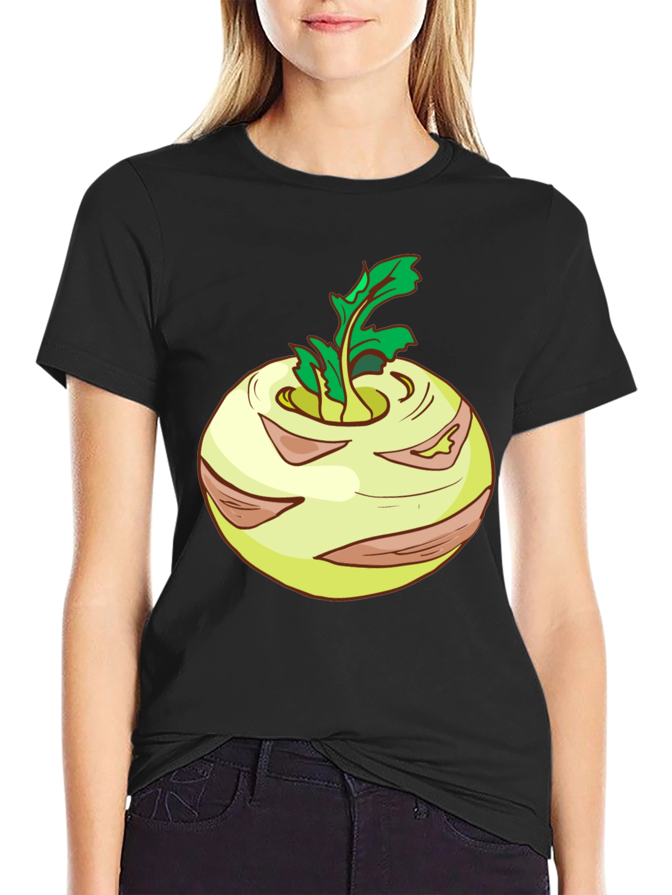 Kohlrabi Cartoon Black T-Shirt