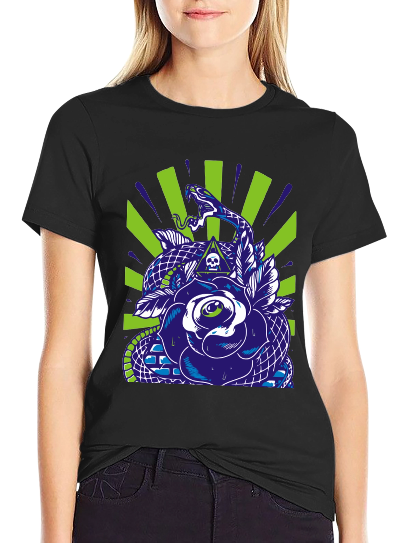Snake & Rose Graphic Print Black T-Shirt
