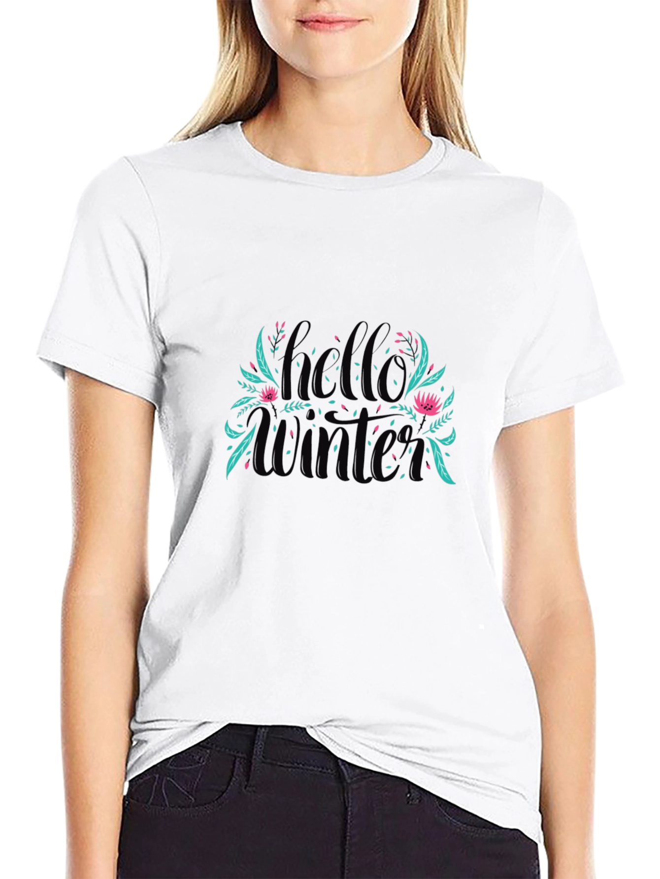 Hello Winter Graphic Print Black T-Shirt