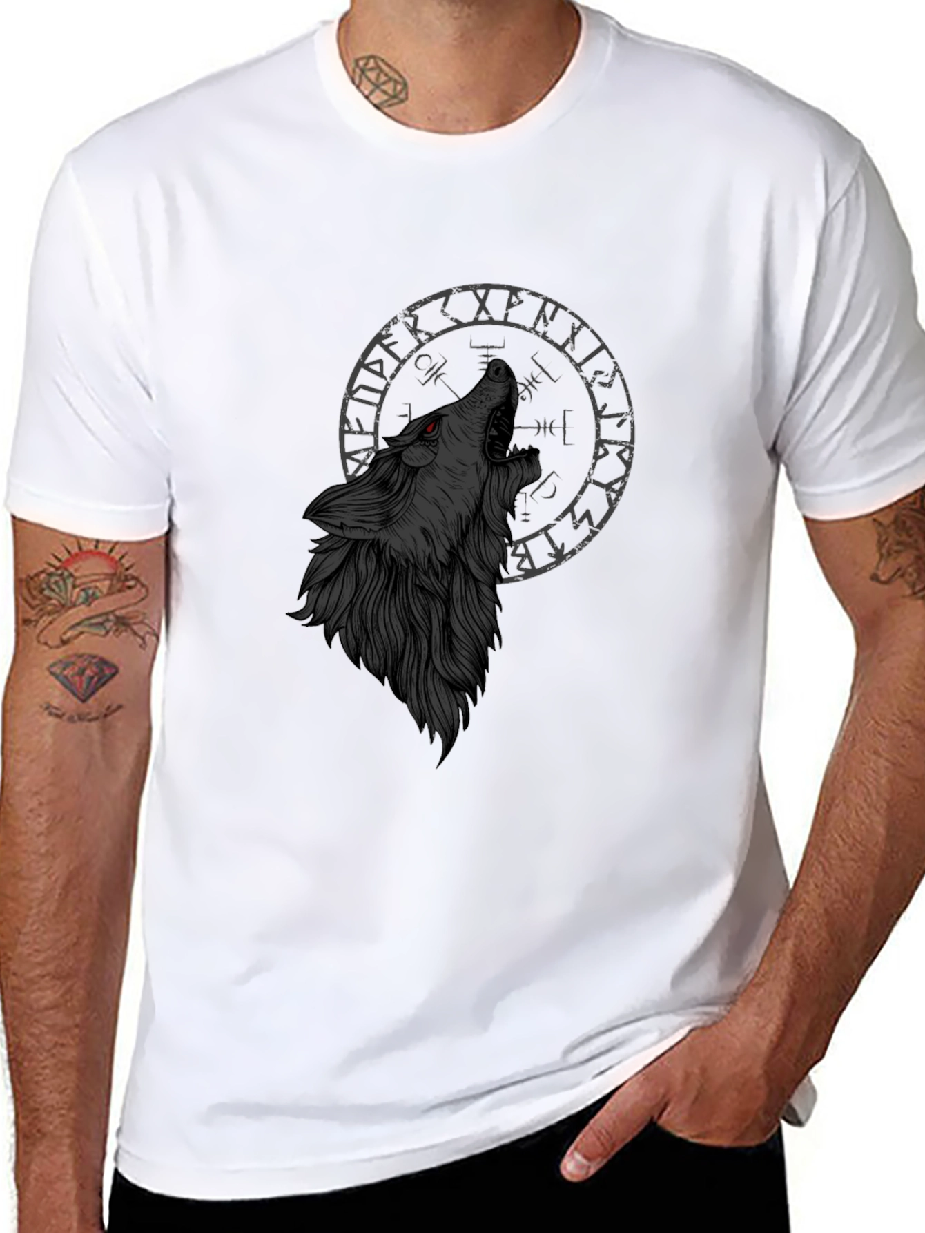 Wolf Rune Circle Graphic Tee - Black Cotton T-Shirt