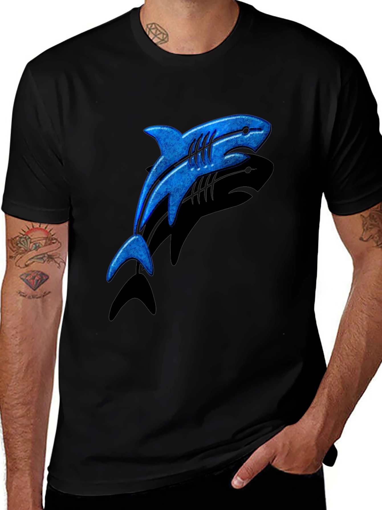 Blue Shark Graphic T-Shirt - Casual Black Tee