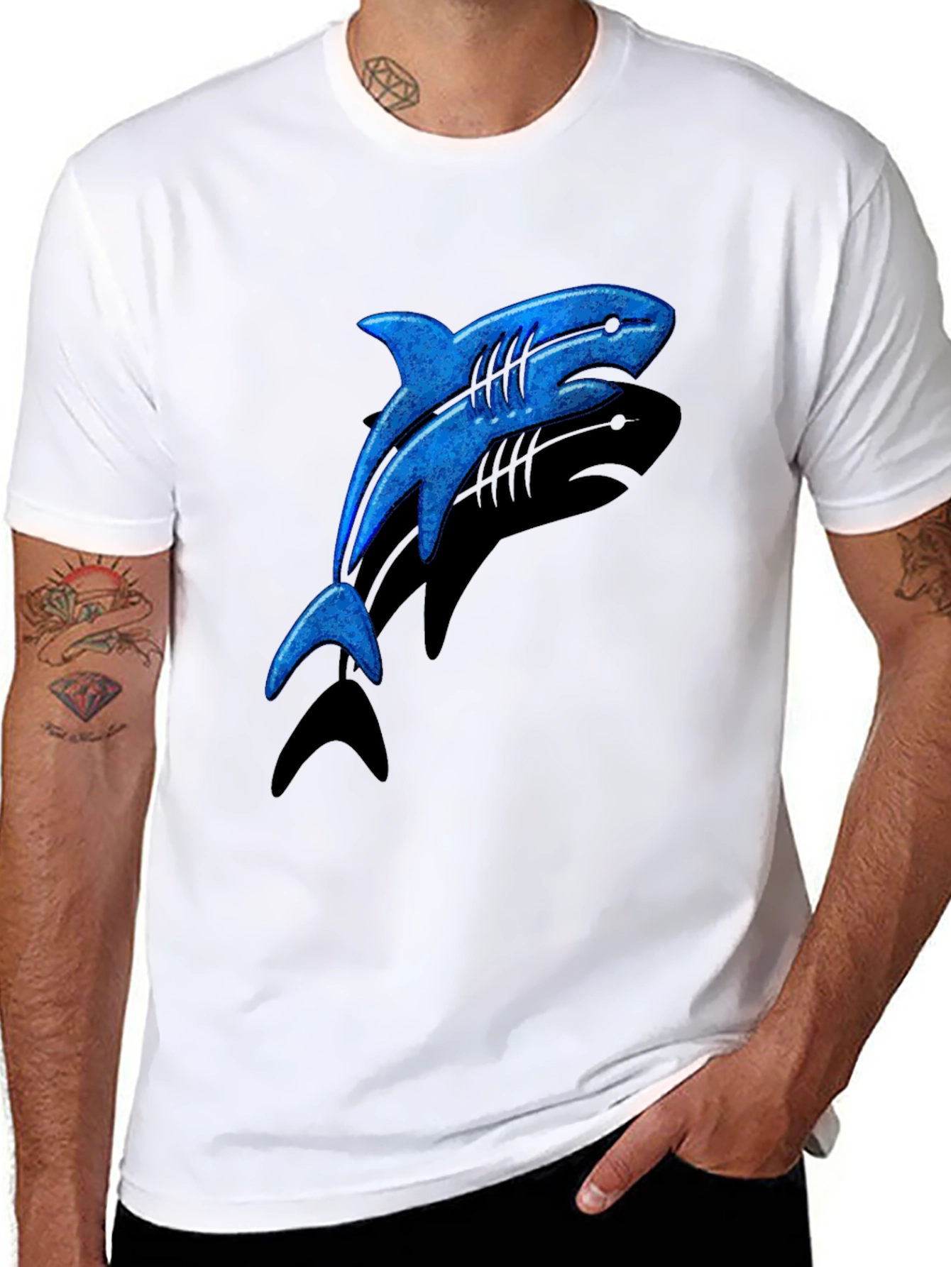 Blue Shark Graphic T-Shirt - Casual Black Tee