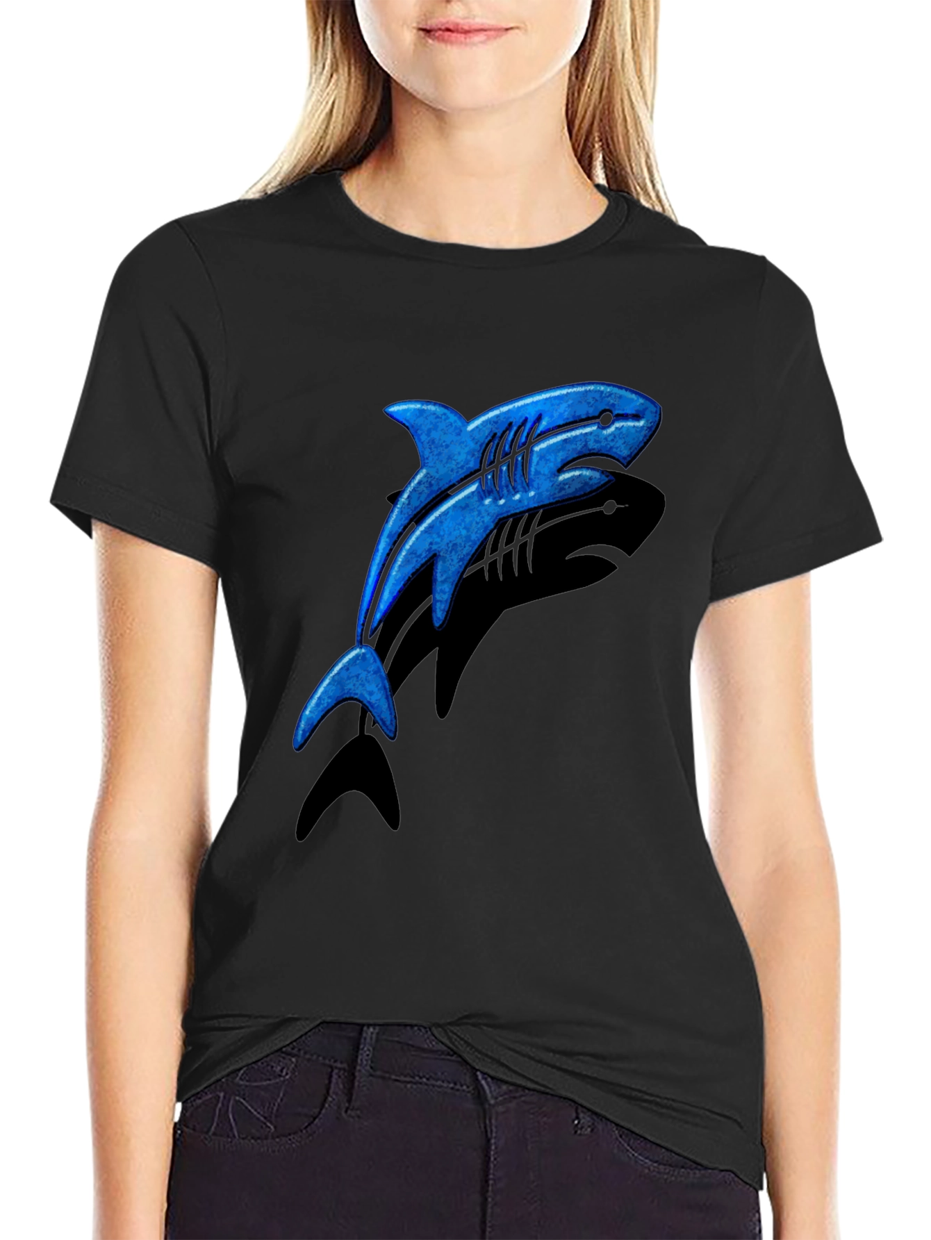 Blue Shark Graphic T-Shirt - Casual Black Tee