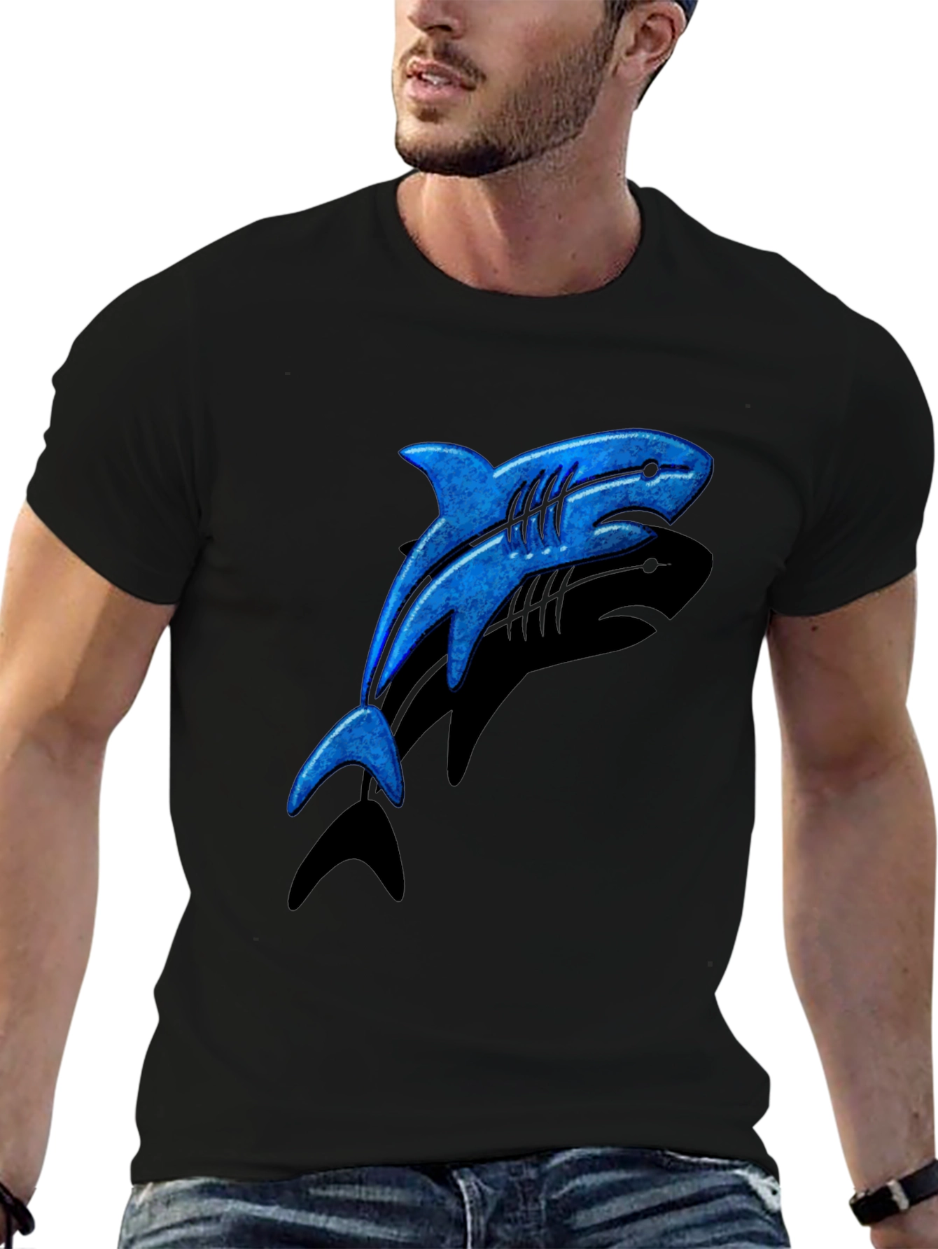 Blue Shark Graphic T-Shirt - Casual Black Tee