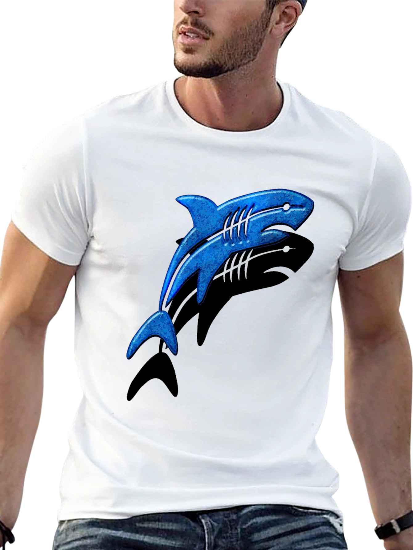 Blue Shark Graphic T-Shirt - Casual Black Tee
