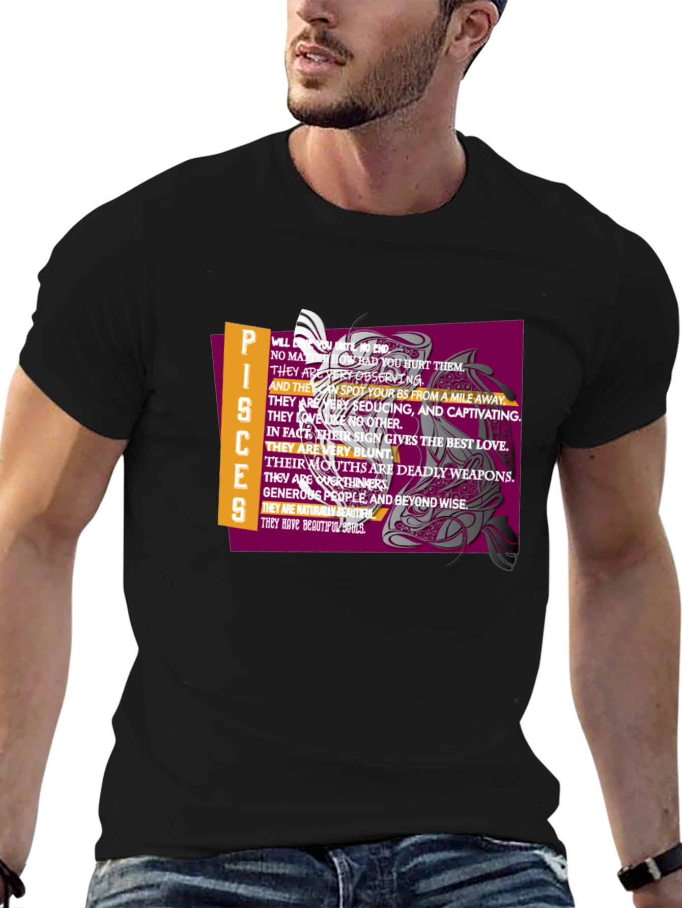 Pisces Zodiac Graphic Tee - Black